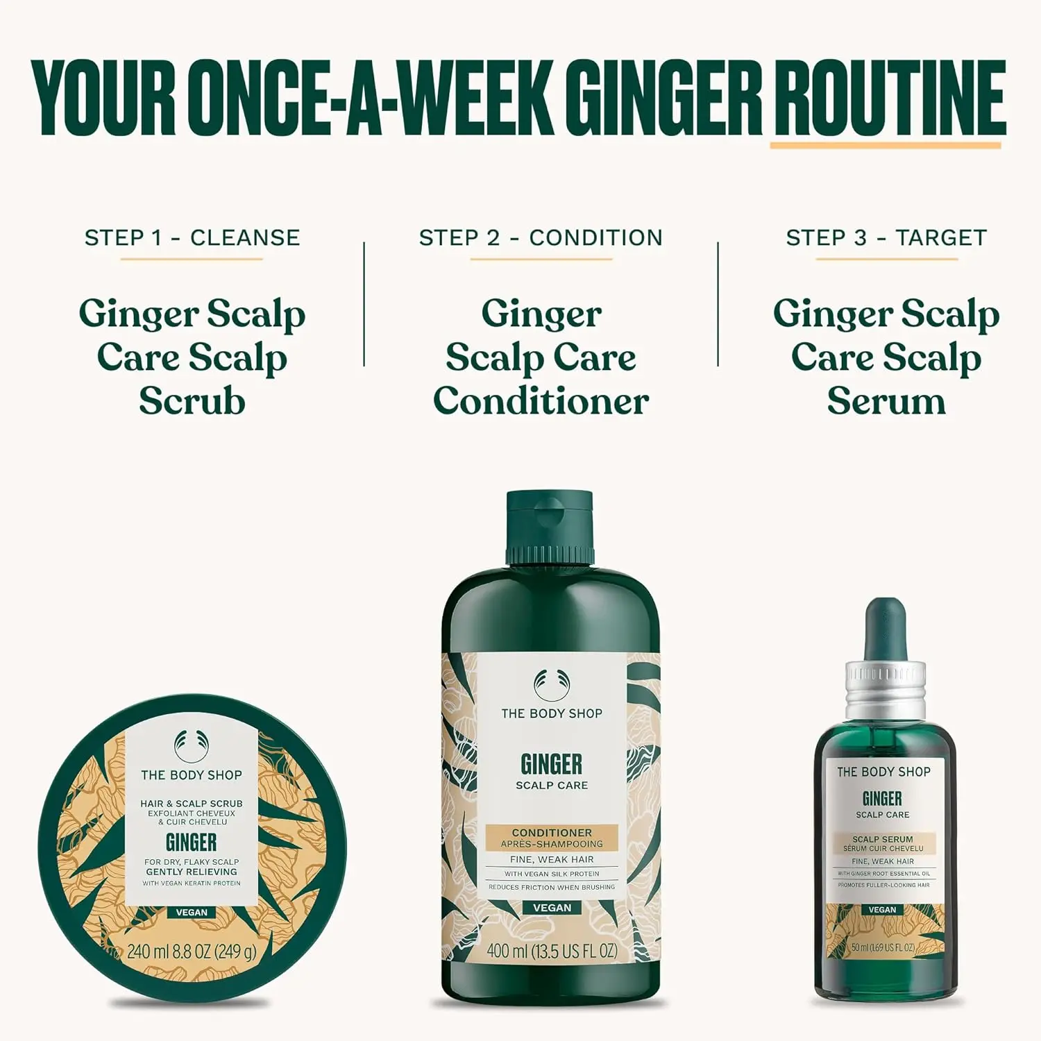 A bottle of ginger scalp serum designed to calm and nourish dry, flaky scalps while invigorating the senses with a refreshing ginger scent.