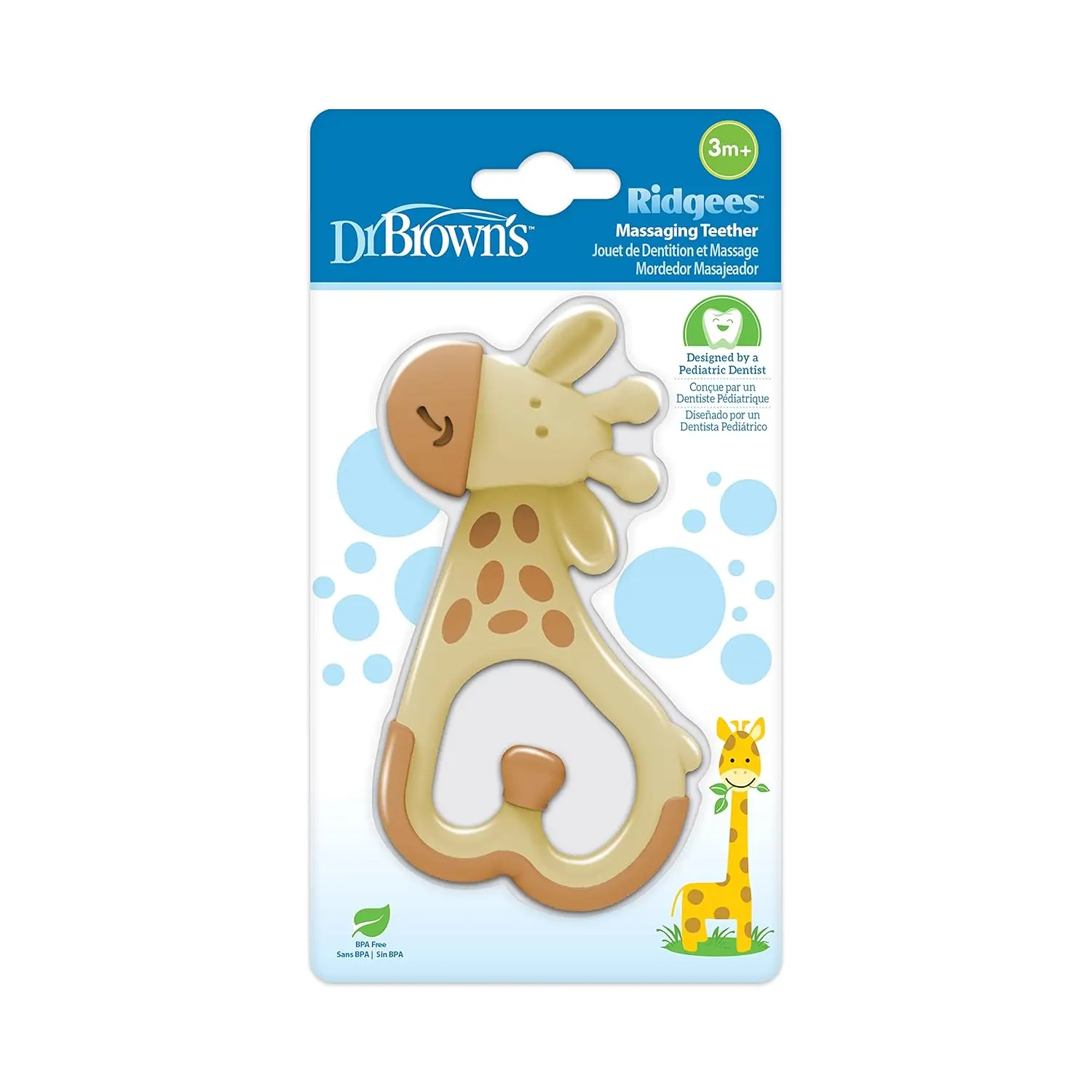 Dr. Brown's Ridgees giraffe teether provides a soothing massage to relieve baby's teething pain with its textured design and can be cooled for extra comfort.