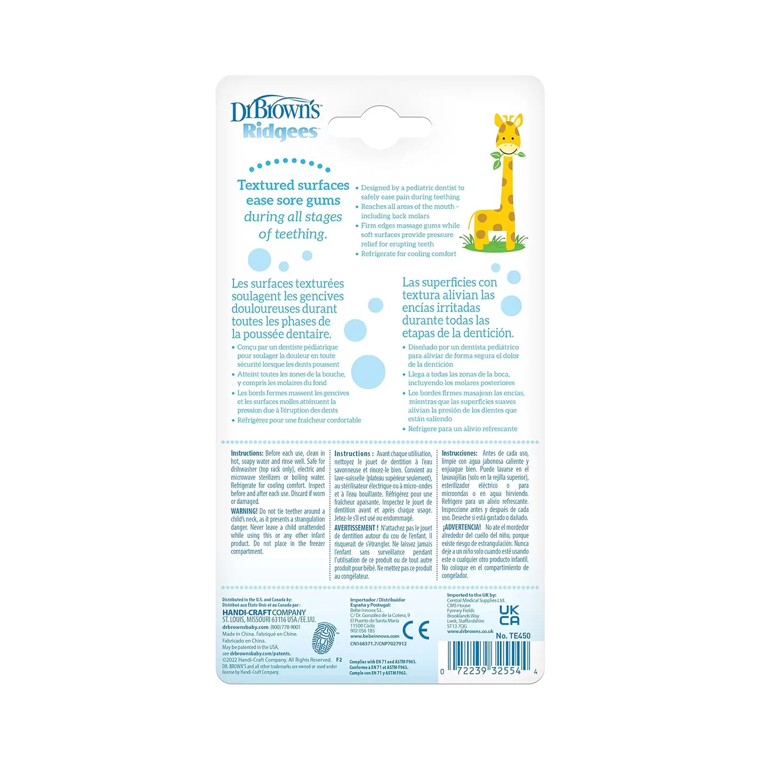Dr. Brown's Ridgees giraffe teether provides a soothing massage to relieve baby's teething pain with its textured design and can be cooled for extra comfort.