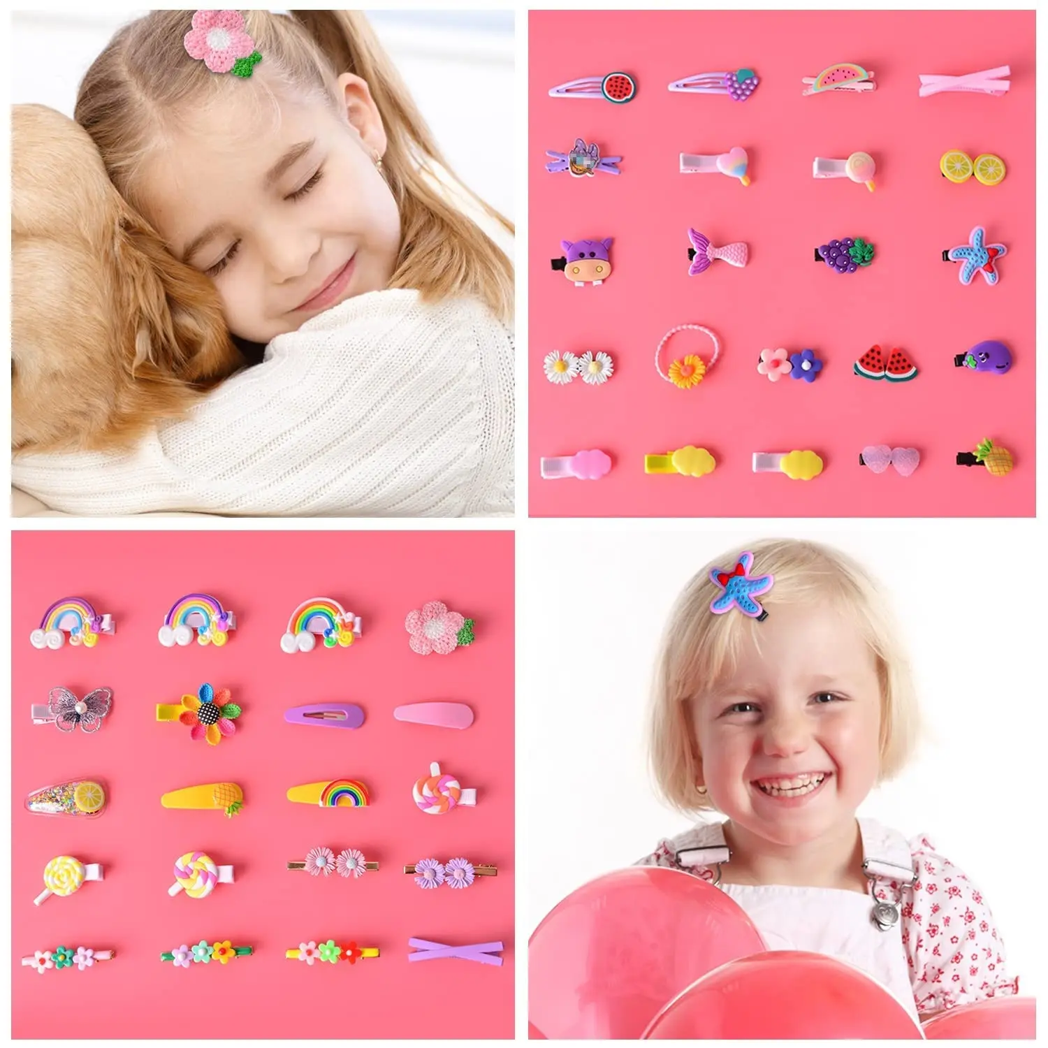 This set of 42 cute hair clips for girls includes various colorful designs such as butterflies, flowers, rainbows, fruits, and animals, perfect for styling baby and toddler hair.