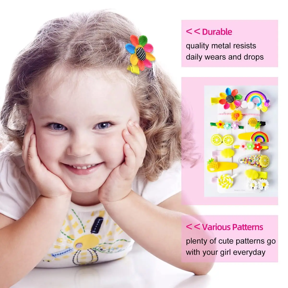 This set of 42 cute hair clips for girls includes various colorful designs such as butterflies, flowers, rainbows, fruits, and animals, perfect for styling baby and toddler hair.