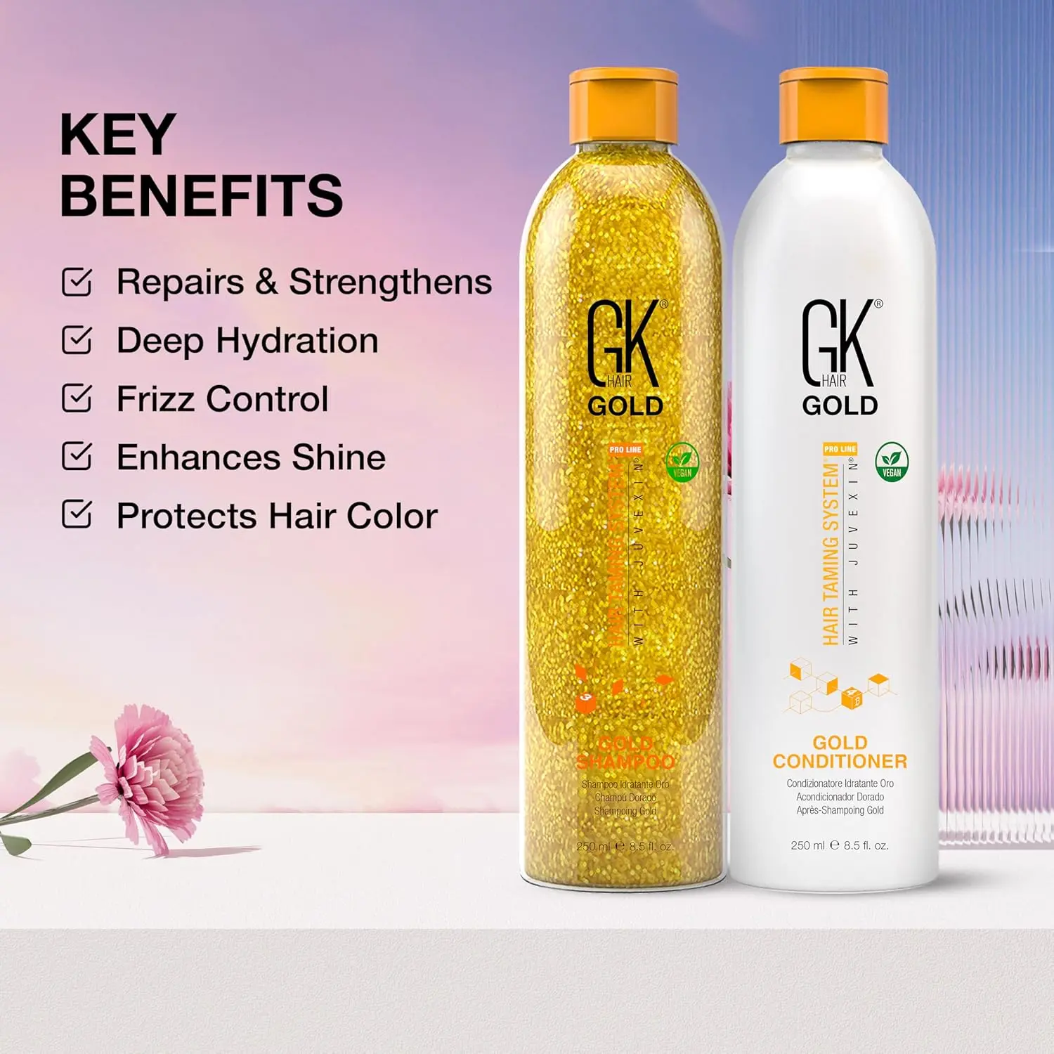 GK Hair Gold shampoo and conditioner set with argan oil reduces frizz and repairs damaged hair for a smooth, shiny, and voluminous look.