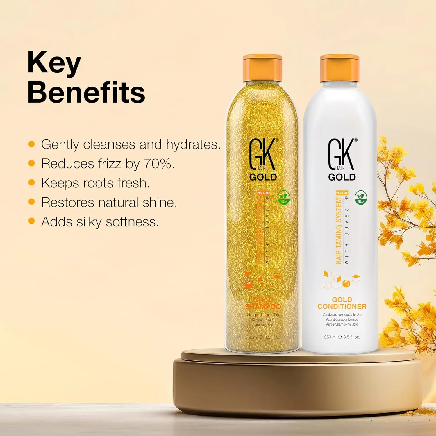 GK Hair Gold shampoo and conditioner set with argan oil reduces frizz and repairs damaged hair for a smooth, shiny, and voluminous look.