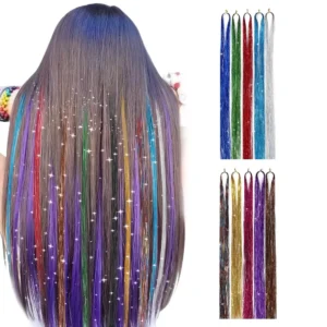 This image shows shiny, colorful glitter hair extensions in 10 different colors, perfect for adding sparkle to any hairstyle for parties or everyday wear.