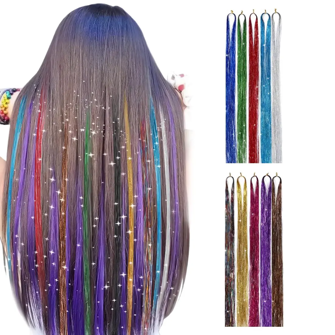 This image shows shiny, colorful glitter hair extensions in 10 different colors, perfect for adding sparkle to any hairstyle for parties or everyday wear.
