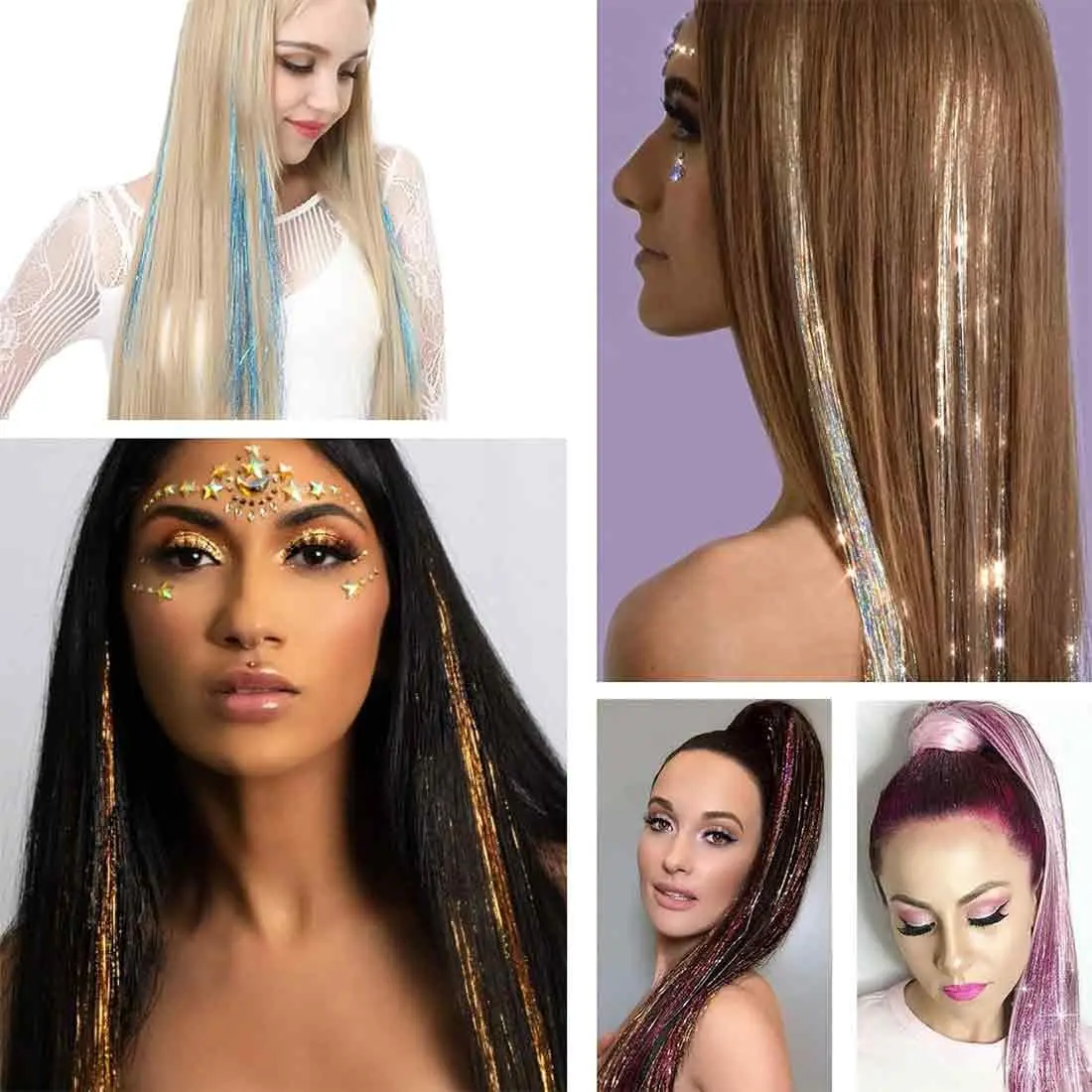 This image shows shiny, colorful glitter hair extensions in 10 different colors, perfect for adding sparkle to any hairstyle for parties or everyday wear.