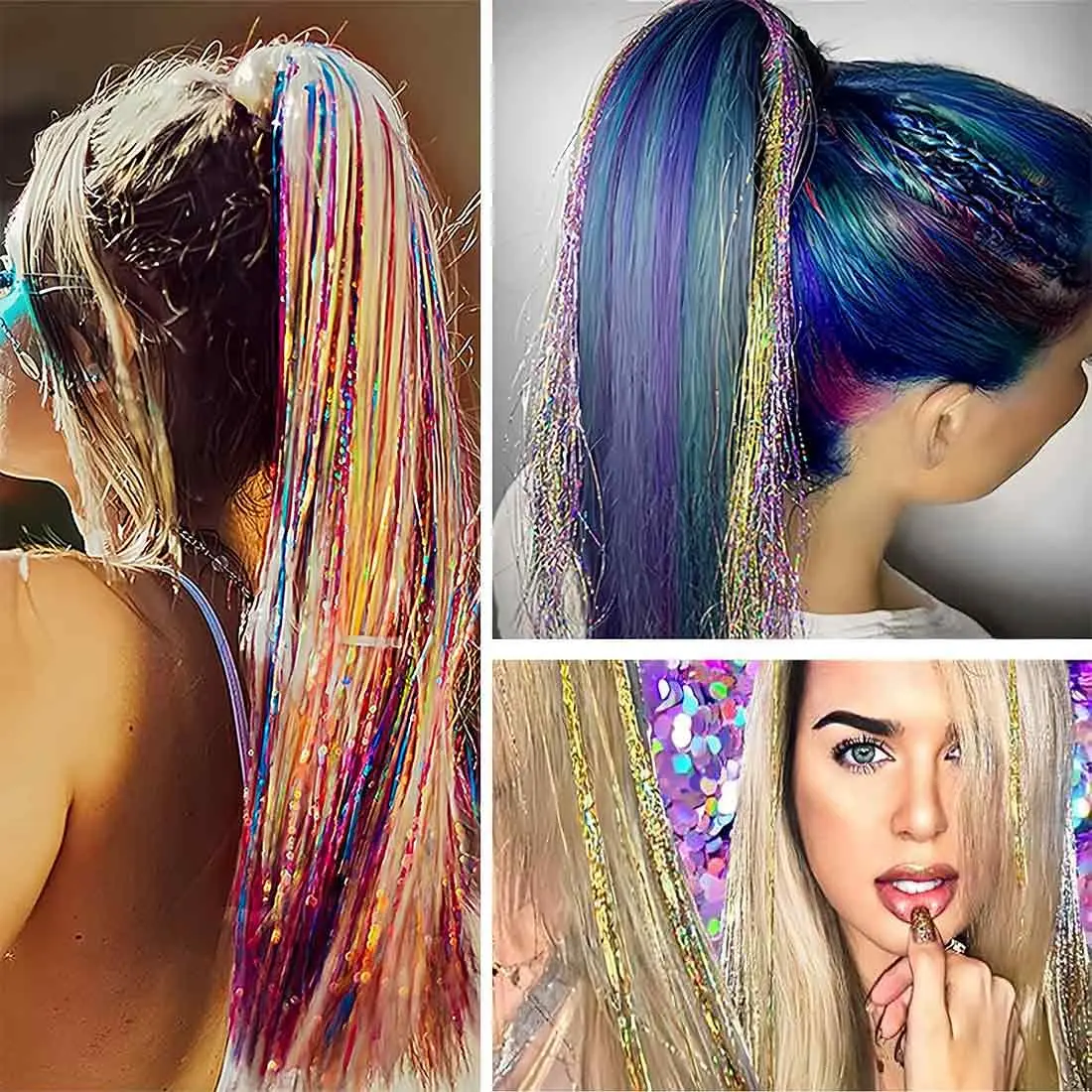 This image shows shiny, colorful glitter hair extensions in 10 different colors, perfect for adding sparkle to any hairstyle for parties or everyday wear.
