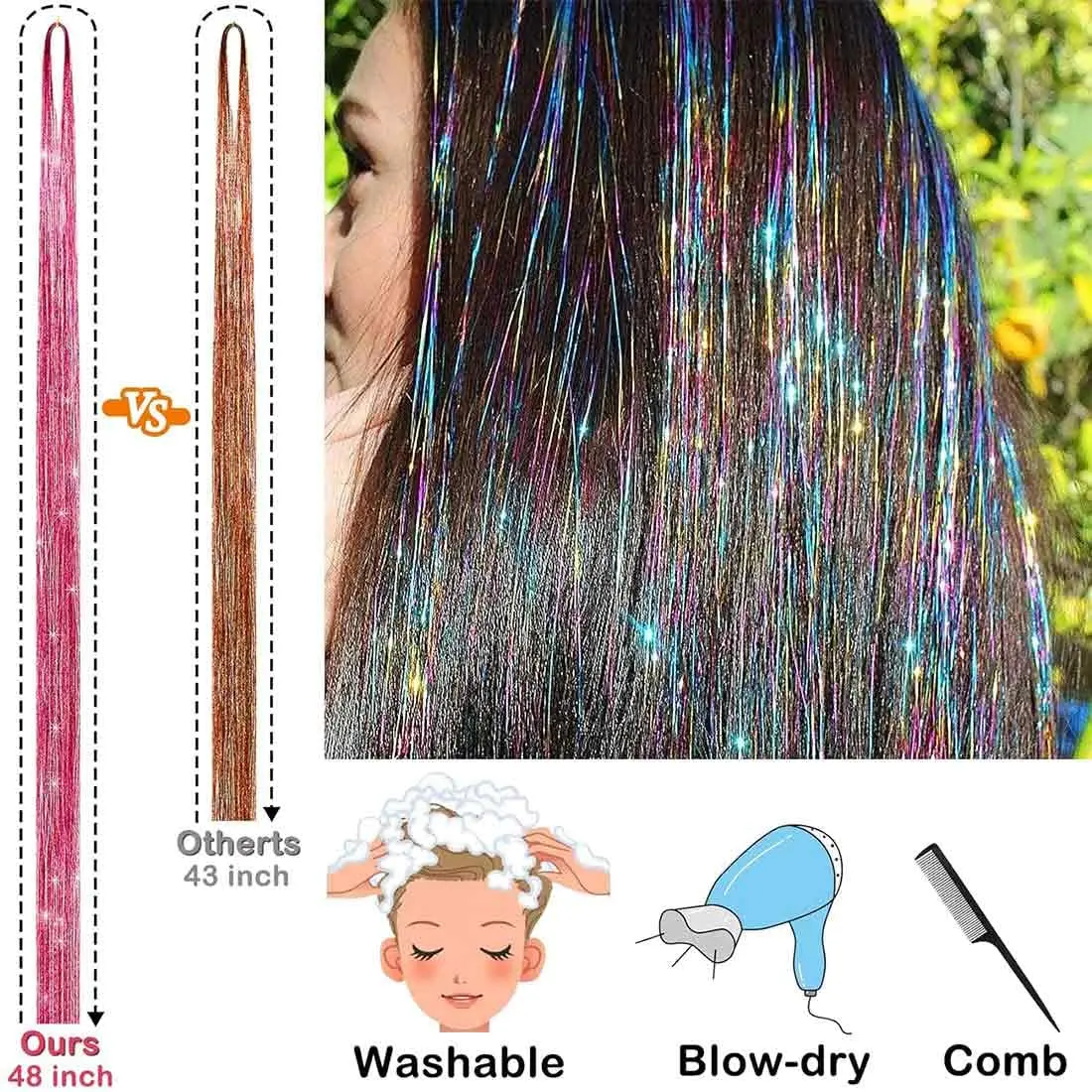 This image shows shiny, colorful glitter hair extensions in 10 different colors, perfect for adding sparkle to any hairstyle for parties or everyday wear.
