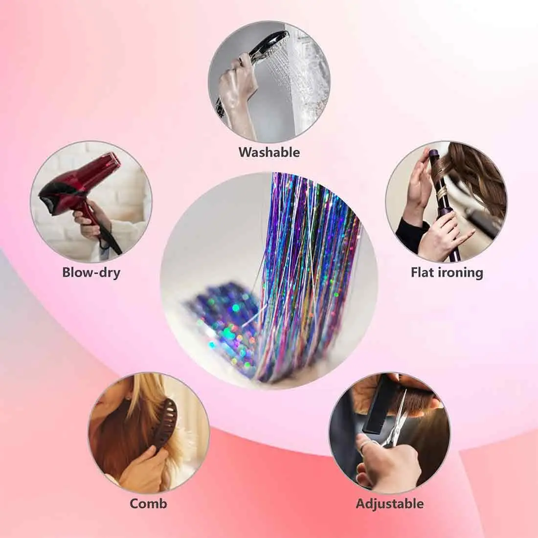 This image shows shiny, colorful glitter hair extensions in 10 different colors, perfect for adding sparkle to any hairstyle for parties or everyday wear.