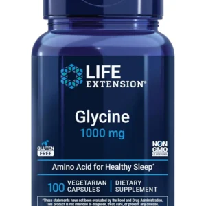 This is a bottle of Life Extension Glycine 1000 mg capsules, a nutritional supplement containing 100 vegetarian capsules.