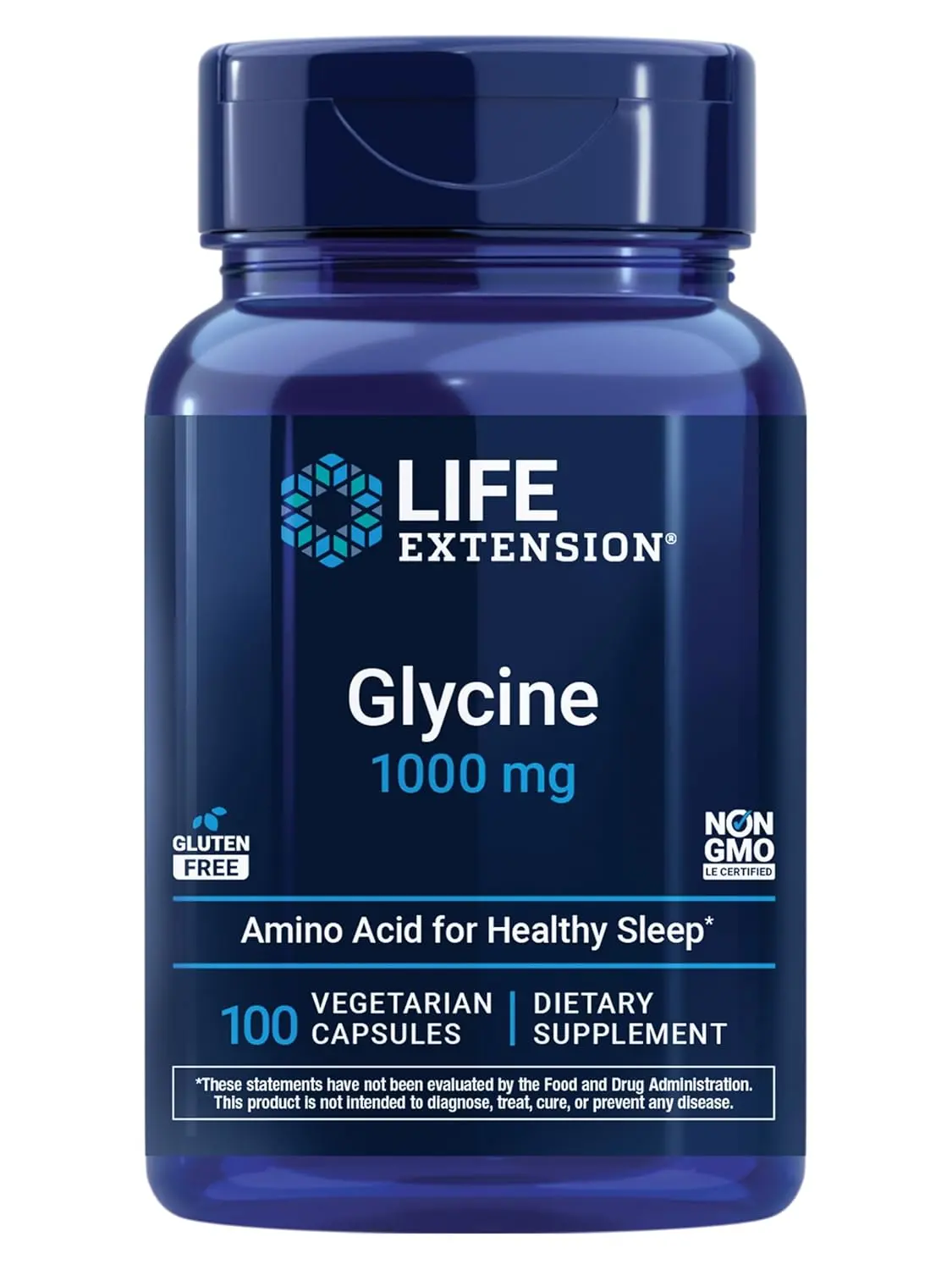 This is a bottle of Life Extension Glycine 1000 mg capsules, a nutritional supplement containing 100 vegetarian capsules.