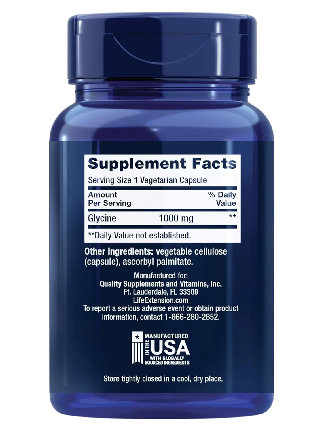 This is a bottle of Life Extension Glycine 1000 mg capsules, a nutritional supplement containing 100 vegetarian capsules.