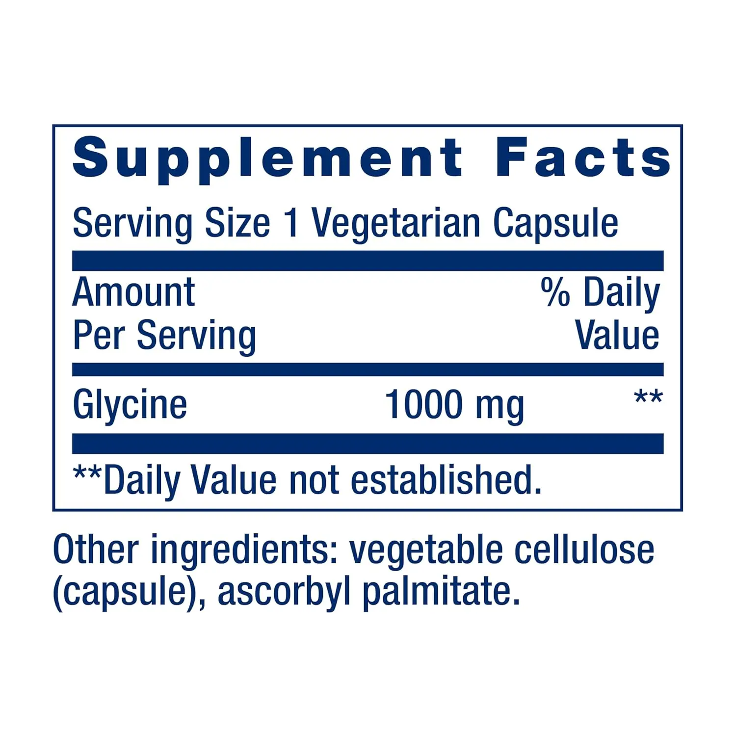 This is a bottle of Life Extension Glycine 1000 mg capsules, a nutritional supplement containing 100 vegetarian capsules.