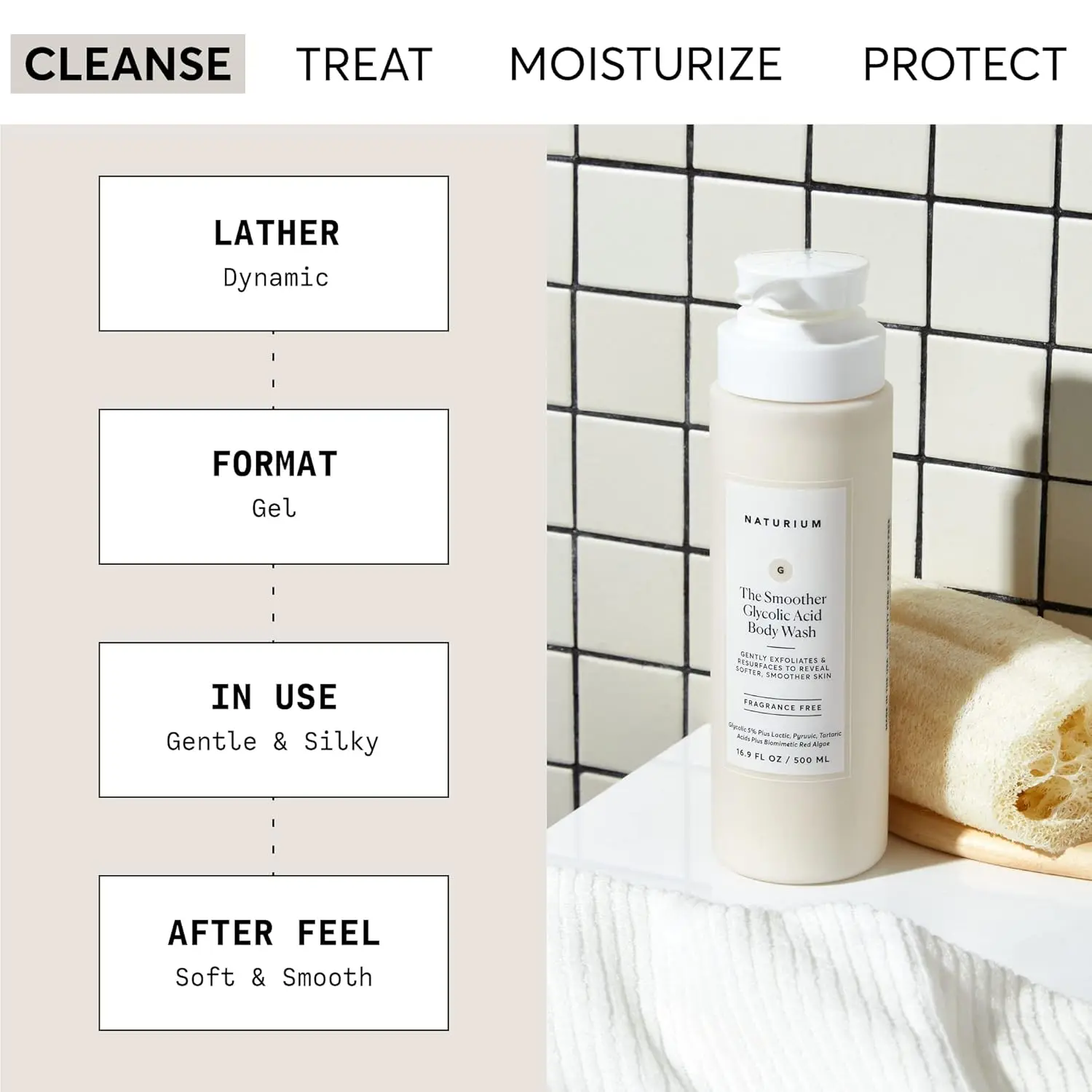 Naturium Glycolic Acid Exfoliating Body Wash gently cleanses and resurfaces rough skin, leaving it feeling softer and smoother.