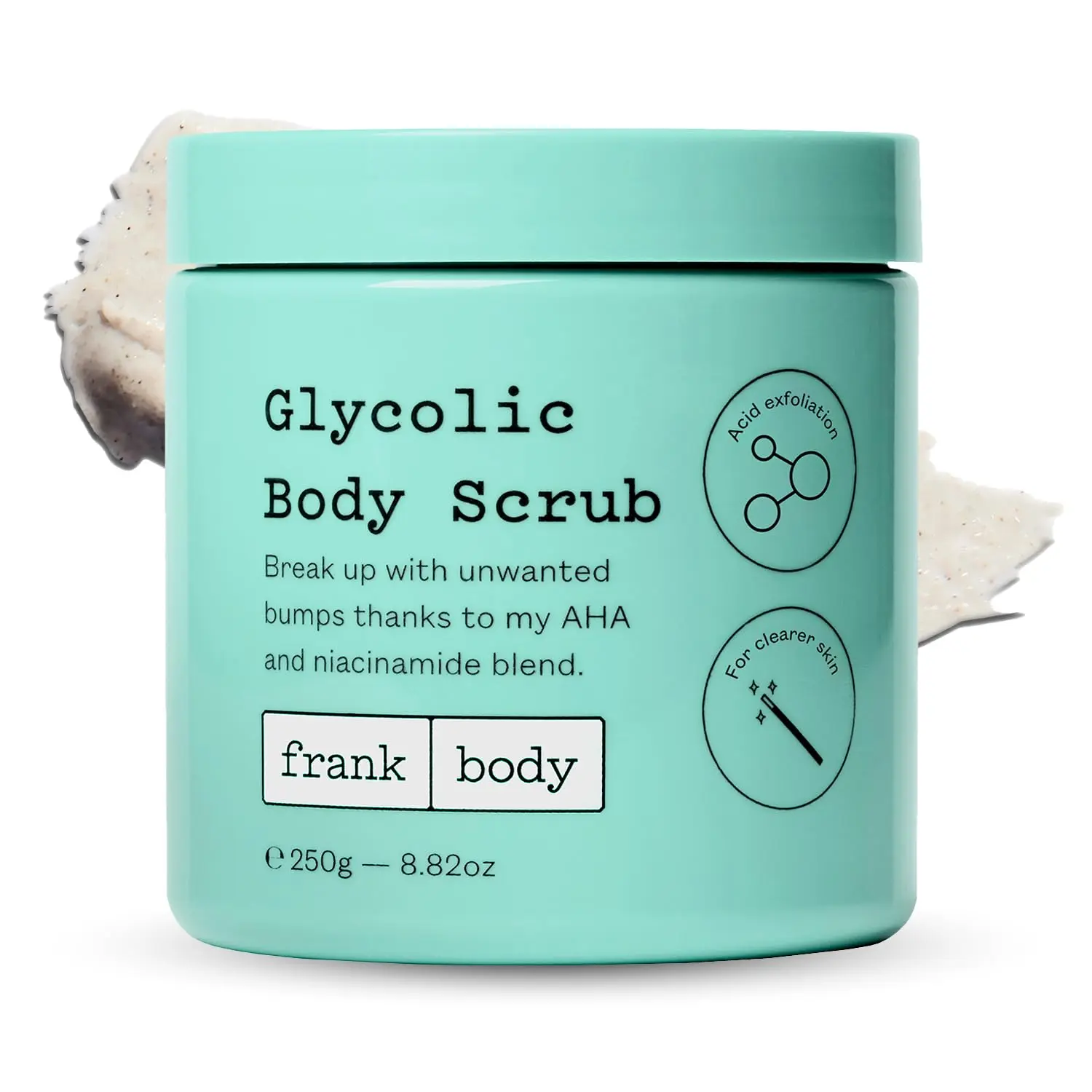 Frank Body glycolic body scrub exfoliates and smooths skin with AHAs, pumice, witch hazel, and niacinamide, helping to reduce breakouts, ingrown hairs, and uneven texture.