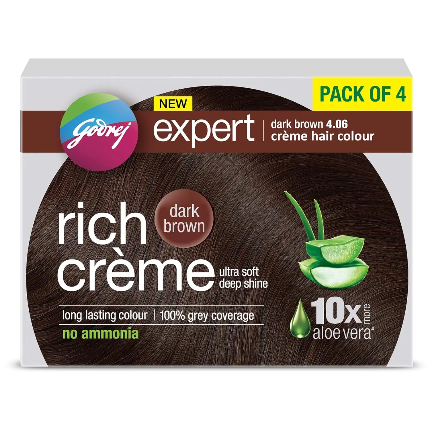 Four packs of Godrej Expert Rich Crème Dark Brown hair color providing 100% grey coverage with aloe vera and milk protein for soft, shiny hair.