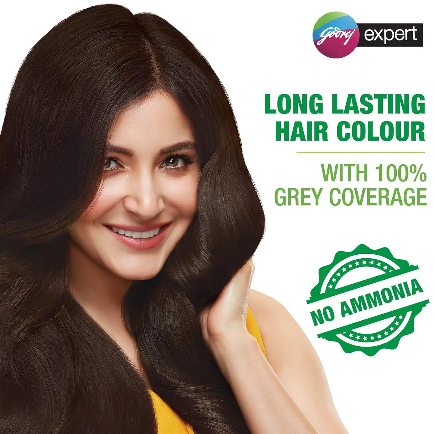 Four packs of Godrej Expert Rich Crème Dark Brown hair color providing 100% grey coverage with aloe vera and milk protein for soft, shiny hair.