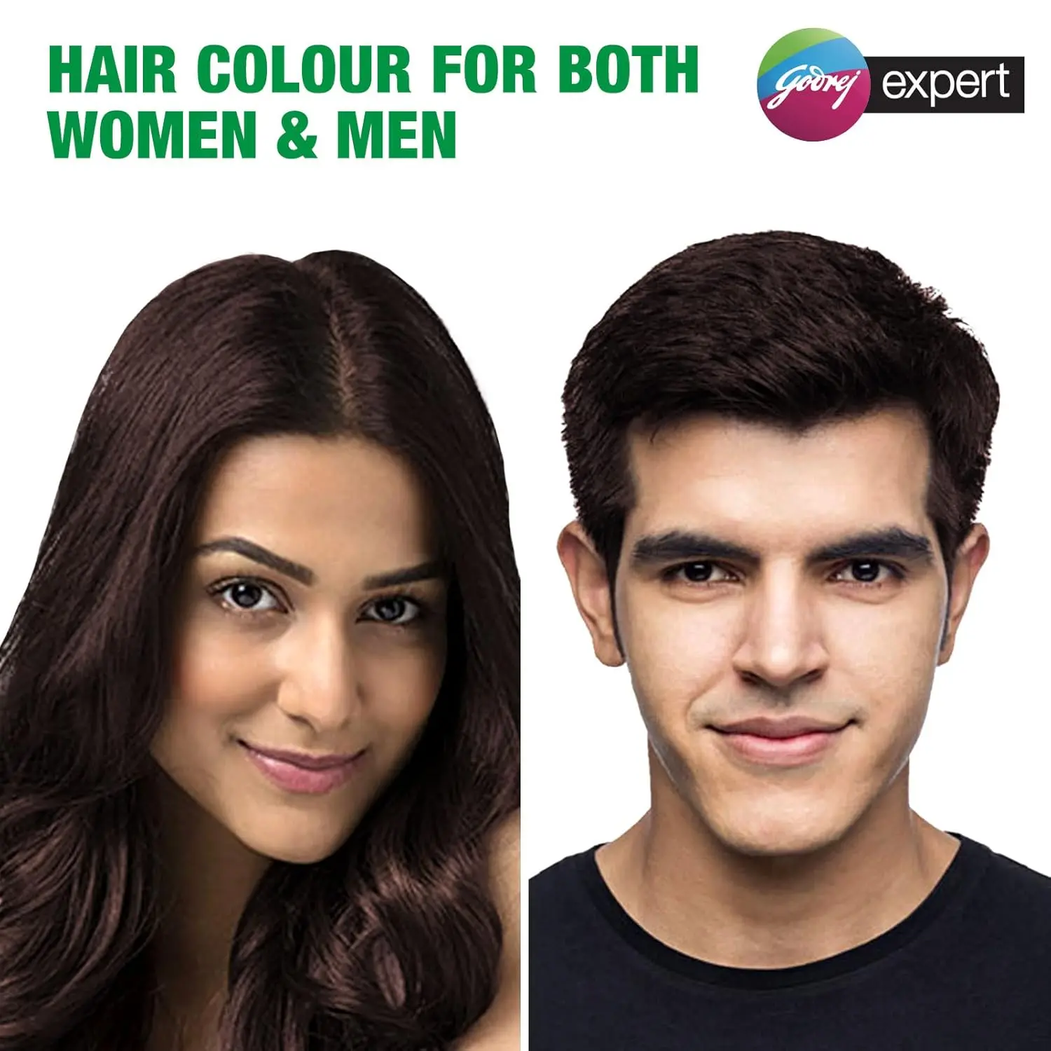 Four packs of Godrej Expert Rich Crème Dark Brown hair color providing 100% grey coverage with aloe vera and milk protein for soft, shiny hair.
