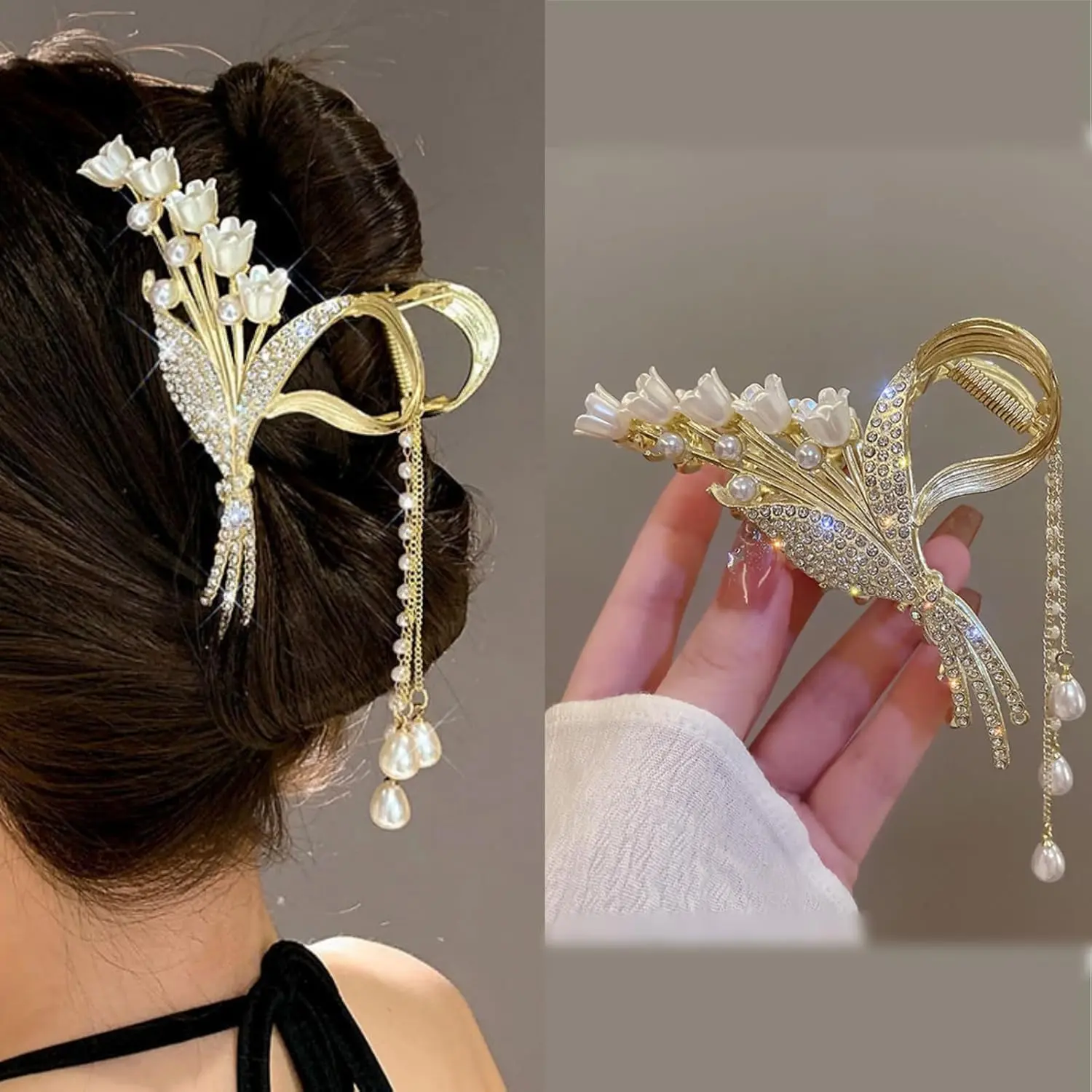 A gold flower hair clip with pearl and rhinestone tassel is a chic styling accessory.