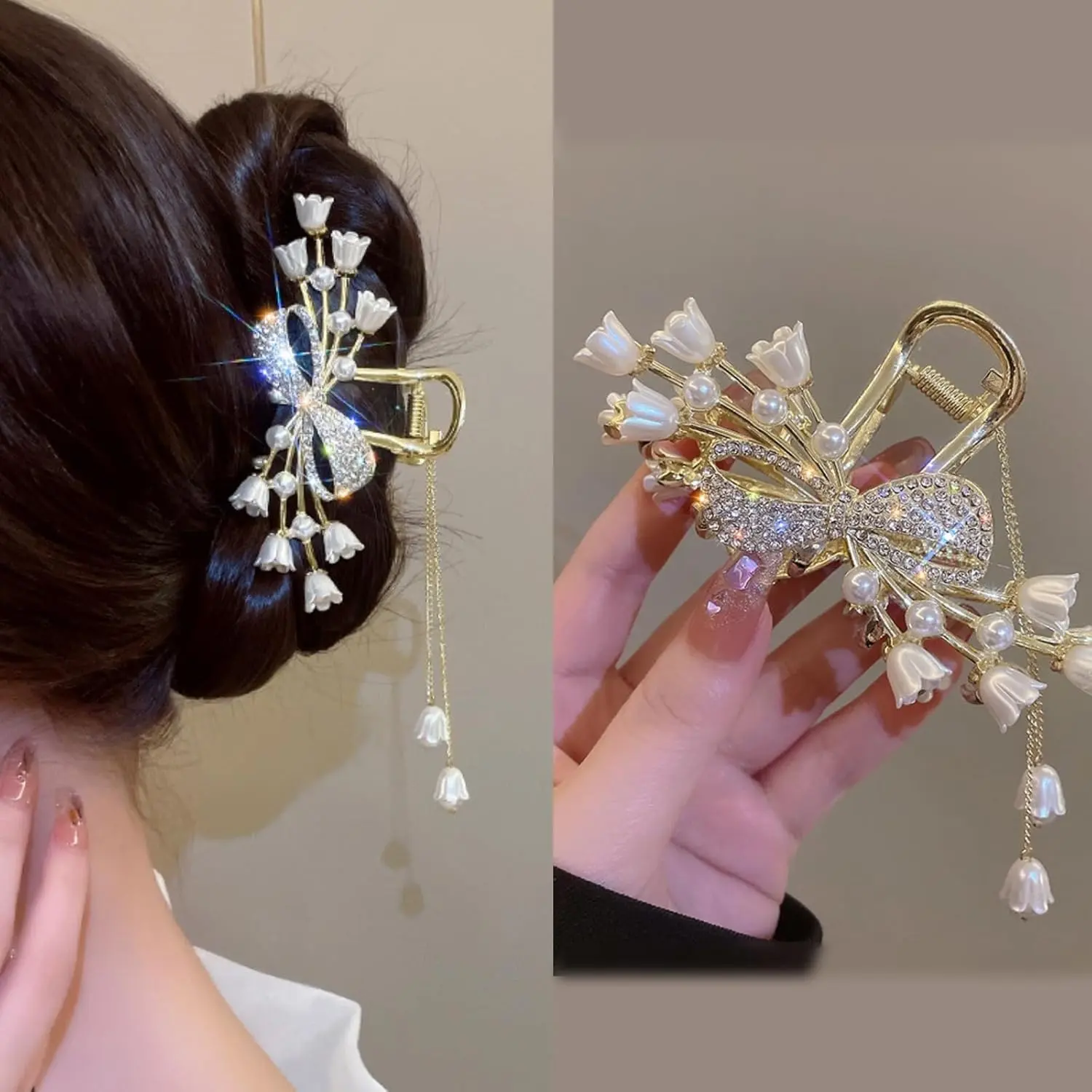 A gold flower hair clip with pearl and rhinestone tassel is a chic styling accessory.