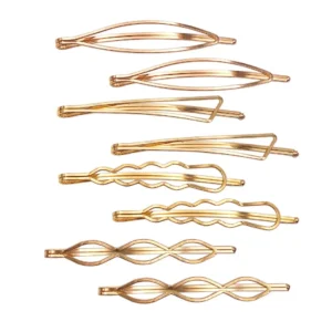 This set of eight gold geometric hair pins includes triangle, rhombus, infinity, and wave styles, perfect for creating elegant and stylish updos for women and girls.