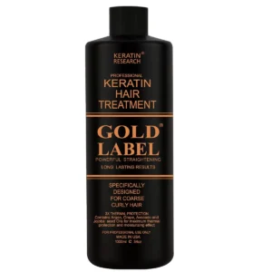 Keratin Research Gold Label professional hair treatment designed for coarse, curly, Black, African, Dominican, and Brazilian hair, enriched with Argan, Grape, Avocado, and Jojoba oils for maximum thermal protection and moisturizing effect, leaving hair frizz-free, shiny, and healthy.