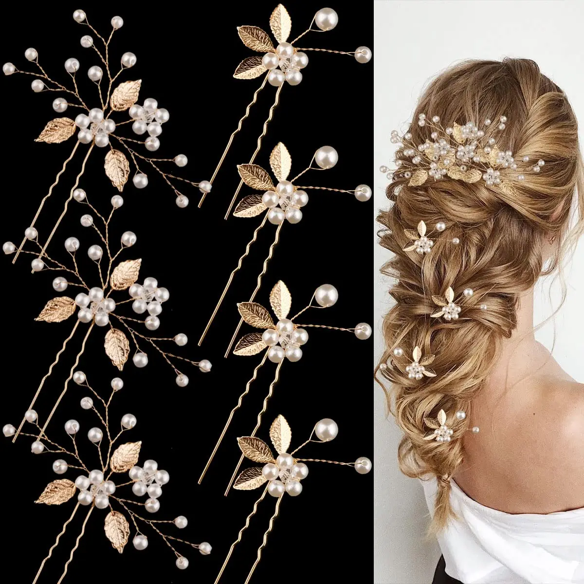 This image shows seven gold leaf wedding hair pins with pearls and crystals, elegant hair accessories for brides and bridesmaids to style their hair.