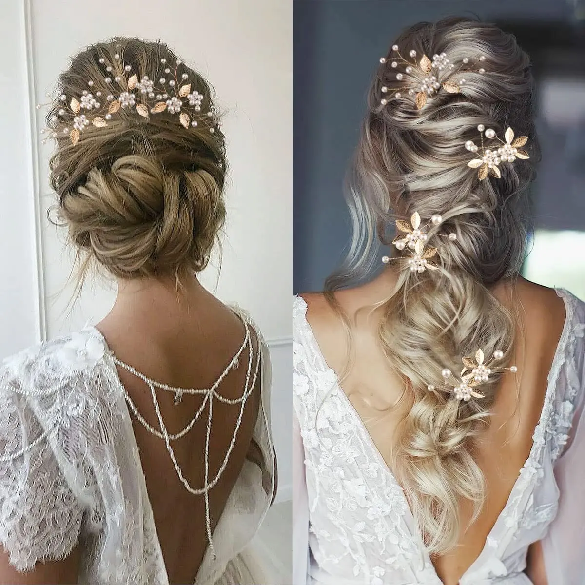 This image shows seven gold leaf wedding hair pins with pearls and crystals, elegant hair accessories for brides and bridesmaids to style their hair.