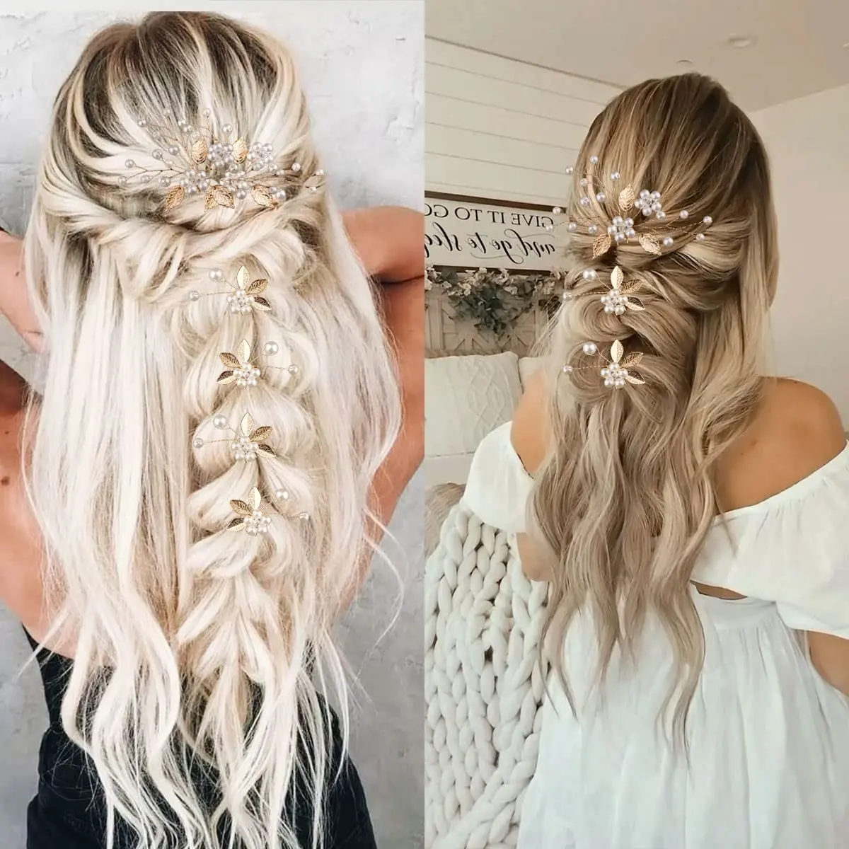 This image shows seven gold leaf wedding hair pins with pearls and crystals, elegant hair accessories for brides and bridesmaids to style their hair.