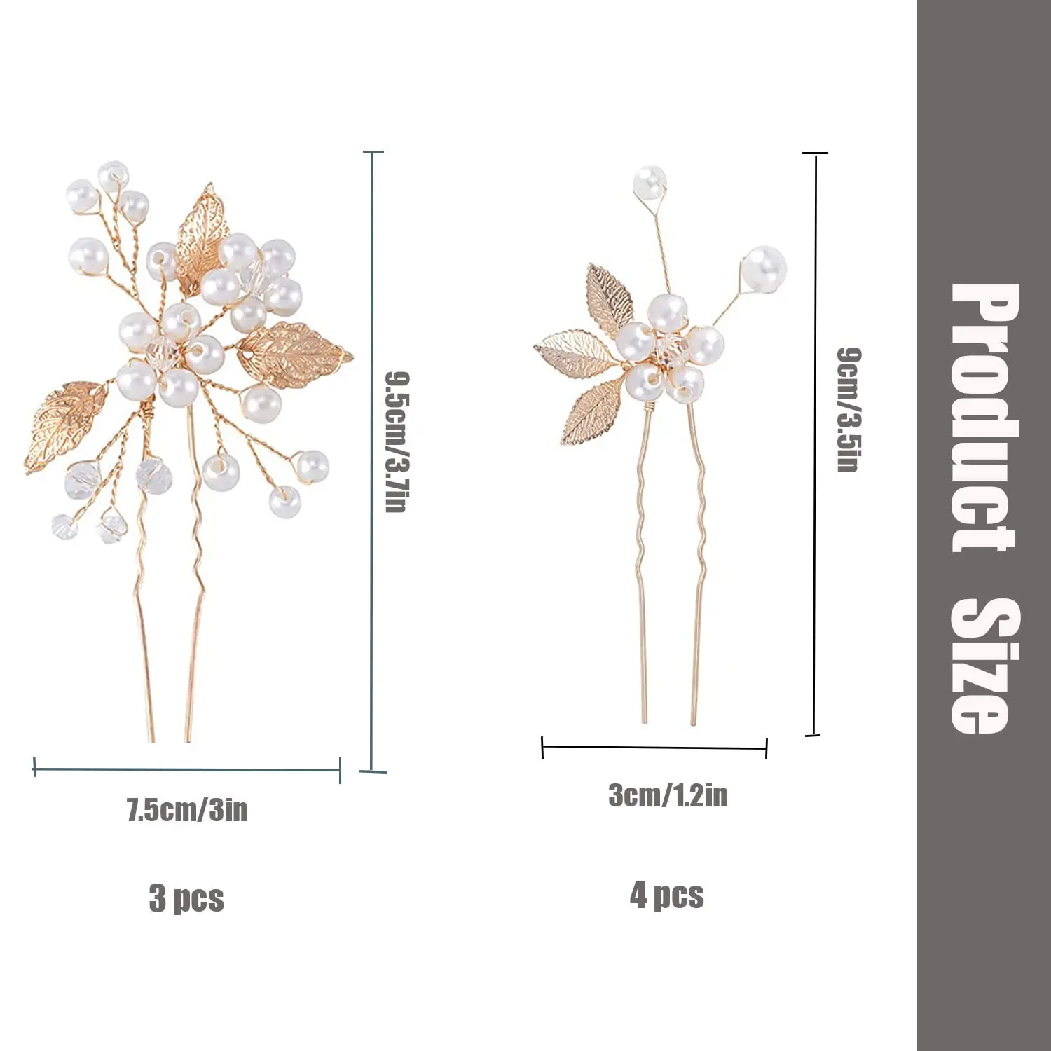 This image shows seven gold leaf wedding hair pins with pearls and crystals, elegant hair accessories for brides and bridesmaids to style their hair.