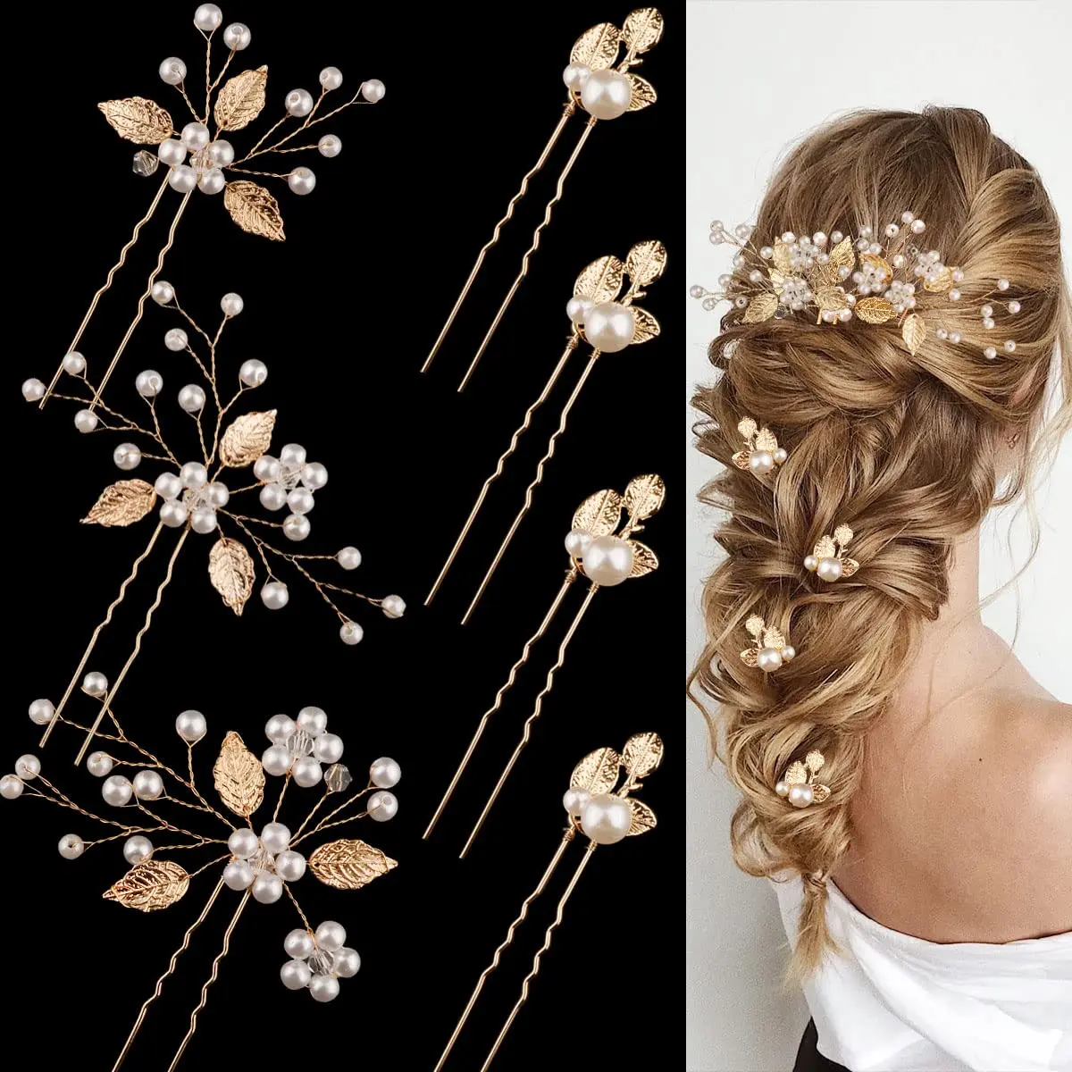 This image shows seven gold leaf wedding hair pins with pearls and crystals, elegant hair accessories for brides and bridesmaids to style their hair.
