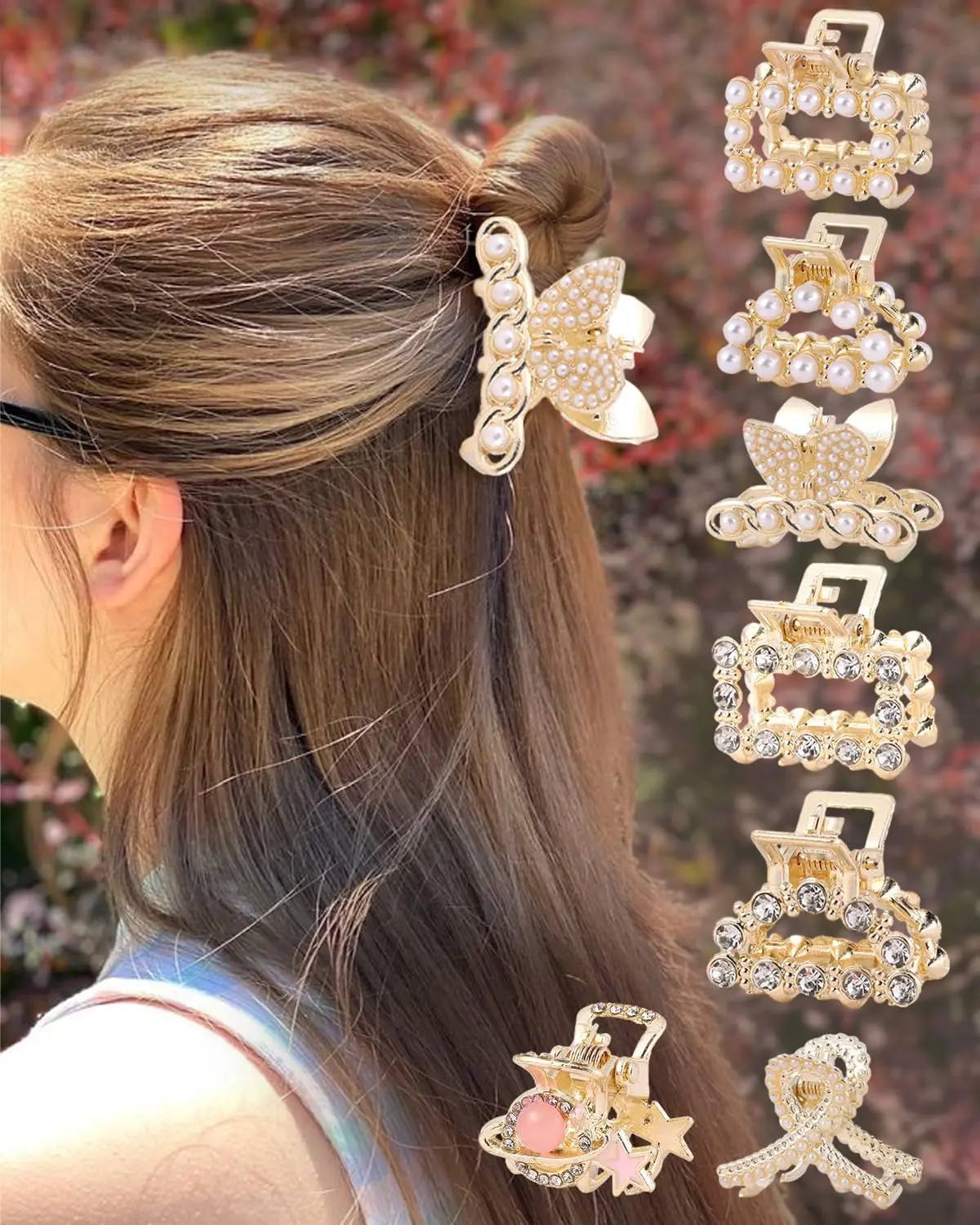 This image displays a set of seven gold metal hair clips accented with pearls, designed for women's hair styling and fashion.