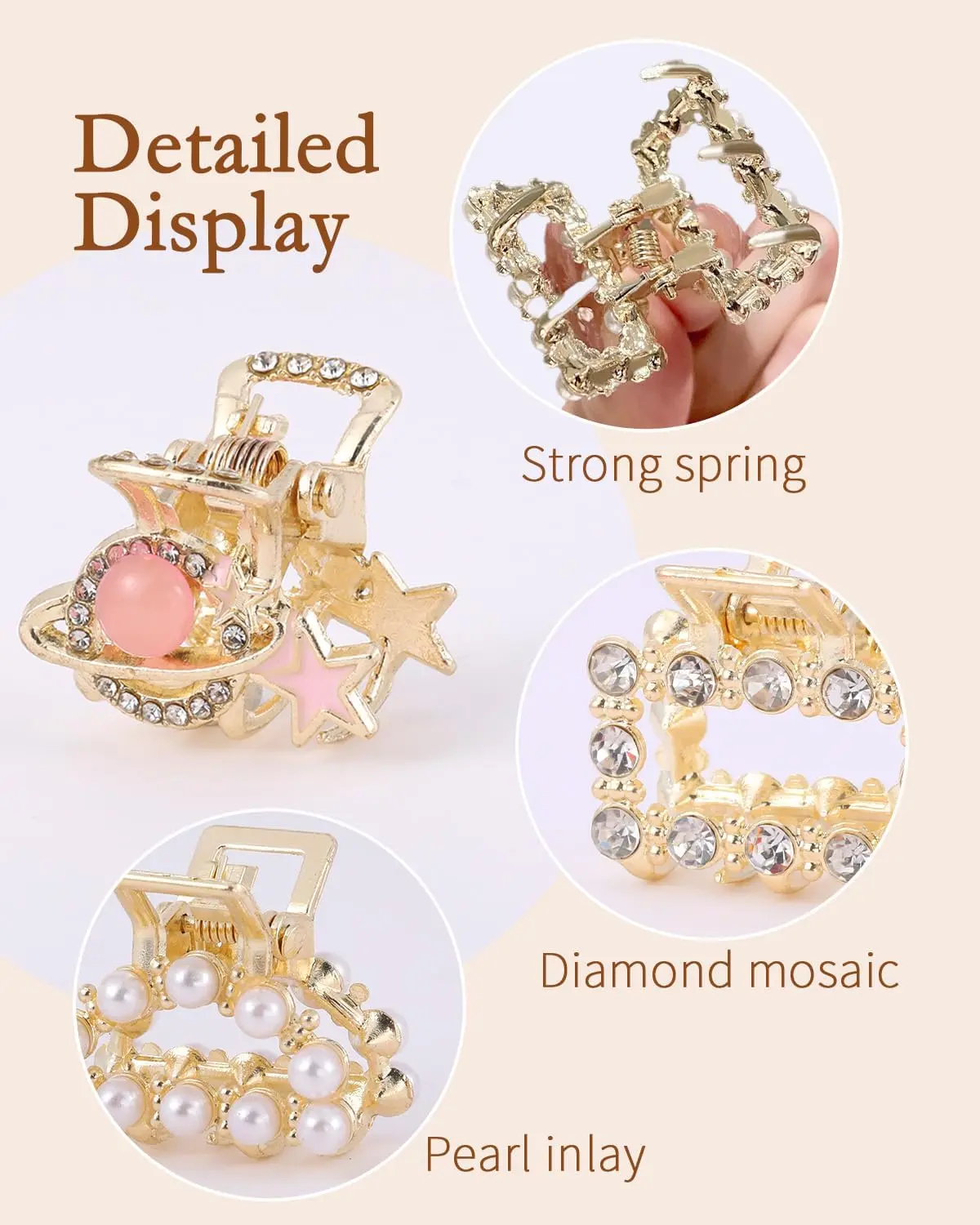 This image displays a set of seven gold metal hair clips accented with pearls, designed for women's hair styling and fashion.