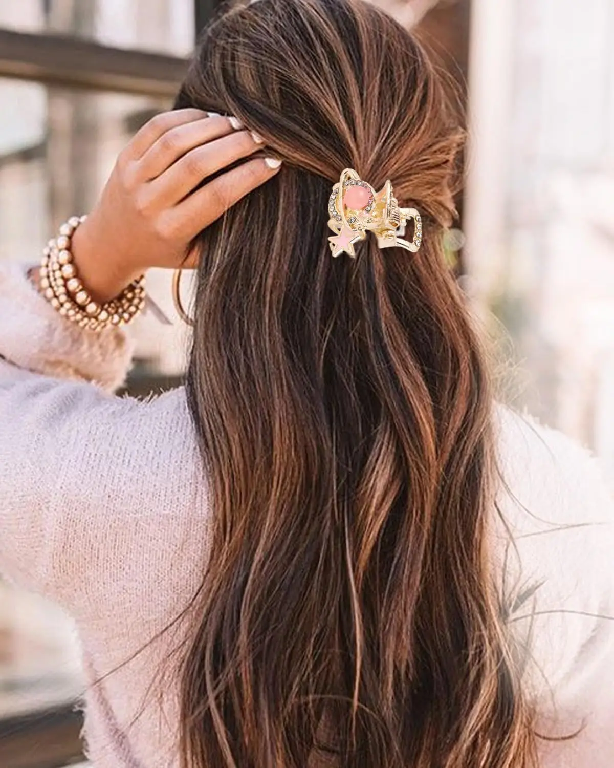 This image displays a set of seven gold metal hair clips accented with pearls, designed for women's hair styling and fashion.