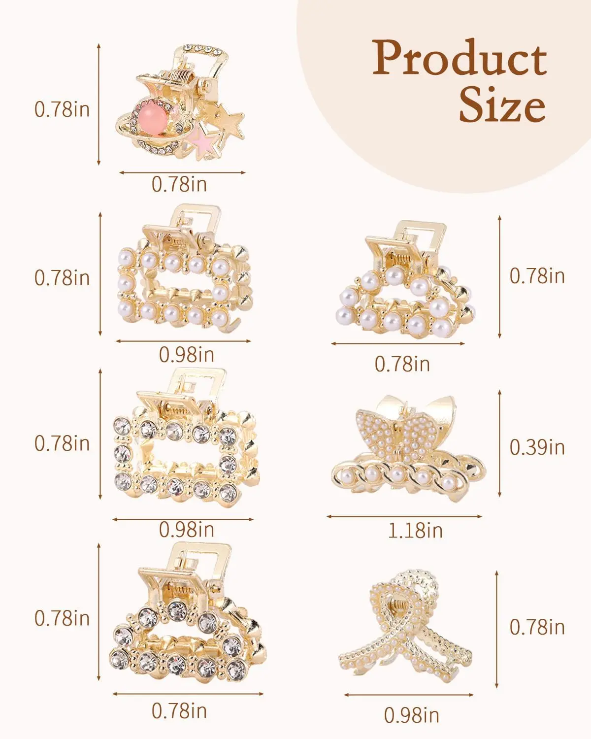 This image displays a set of seven gold metal hair clips accented with pearls, designed for women's hair styling and fashion.