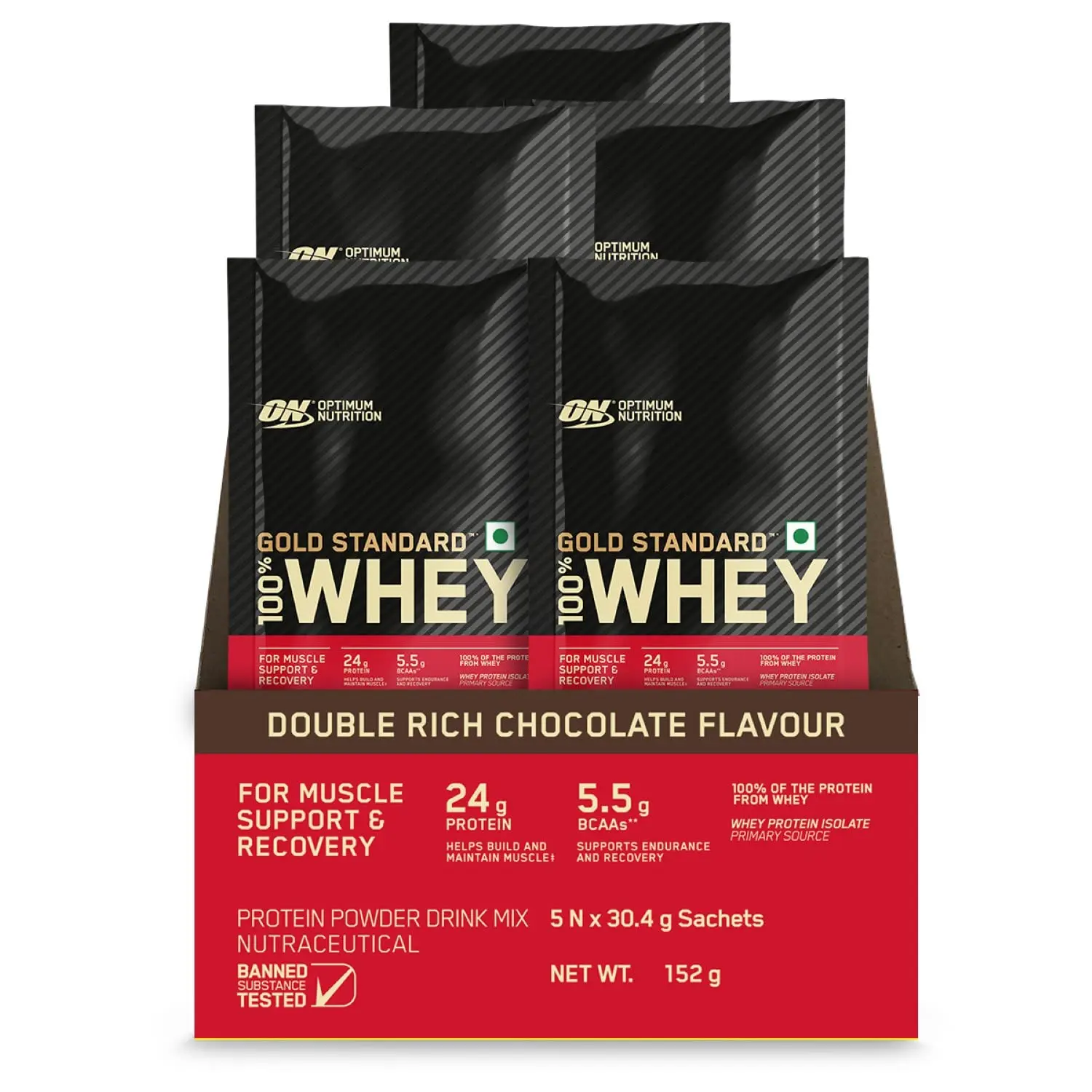 Optimum Nutrition Gold Standard 100% Whey Protein Powder in Double Rich Chocolate flavor supports lean muscle with 24g of protein per serving.