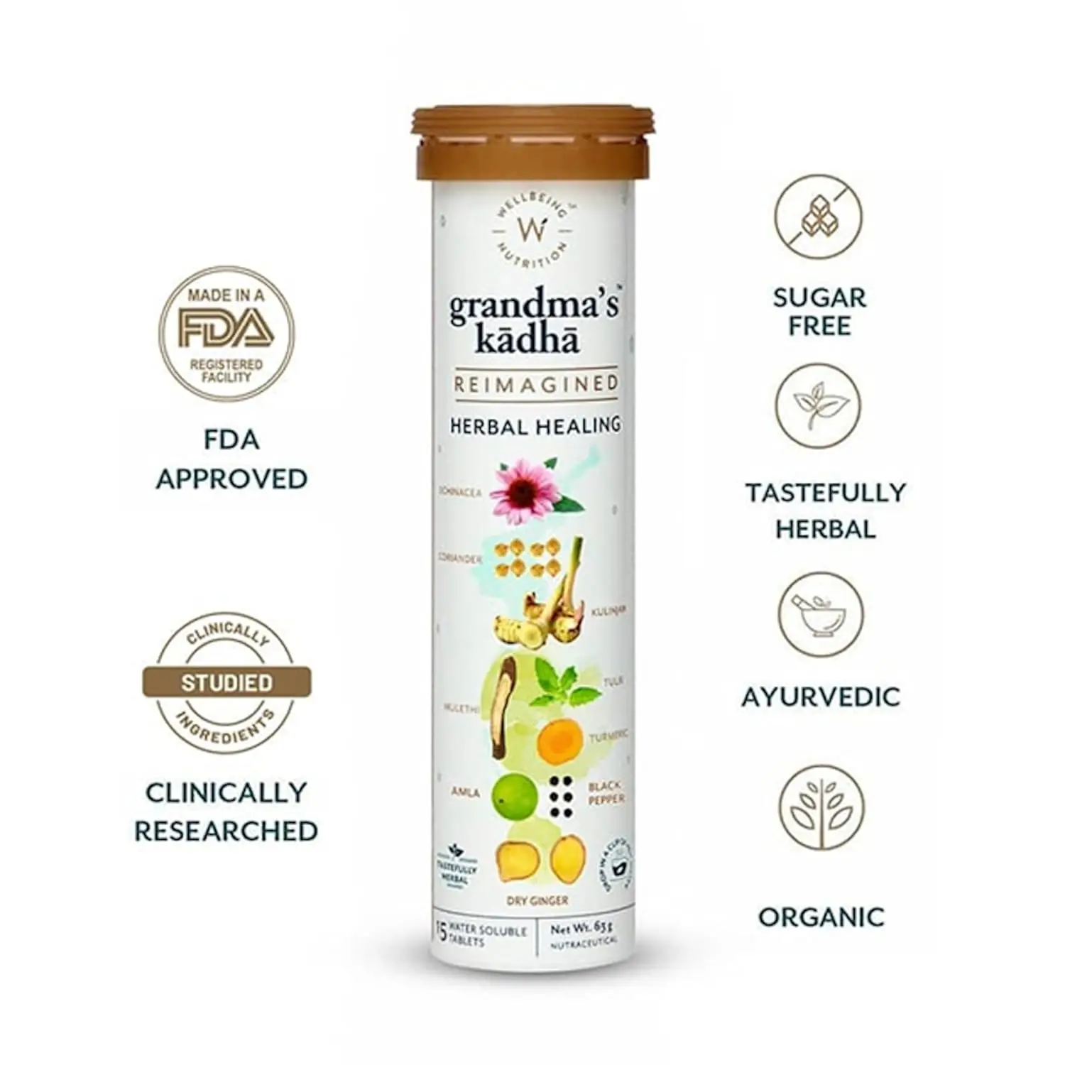 Wellbeing Nutrition Grandma's Kadha is an organic certified Ayurvedic herbal remedy with 13 potent herbs and spices like turmeric, tulsi, and ginger, used for cold, cough, flu, and sore throat relief.