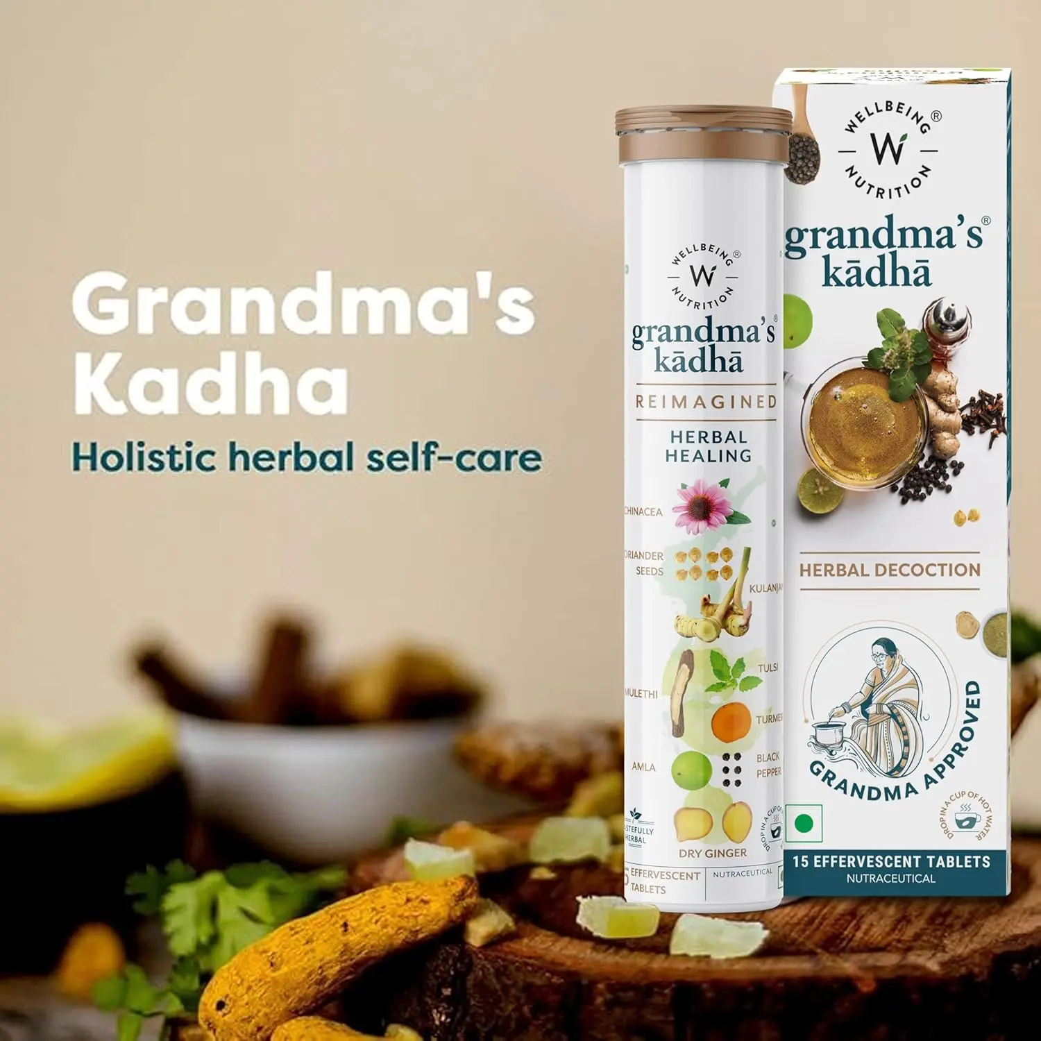 Wellbeing Nutrition Grandma's Kadha is an organic certified Ayurvedic herbal remedy with 13 potent herbs and spices like turmeric, tulsi, and ginger, used for cold, cough, flu, and sore throat relief.