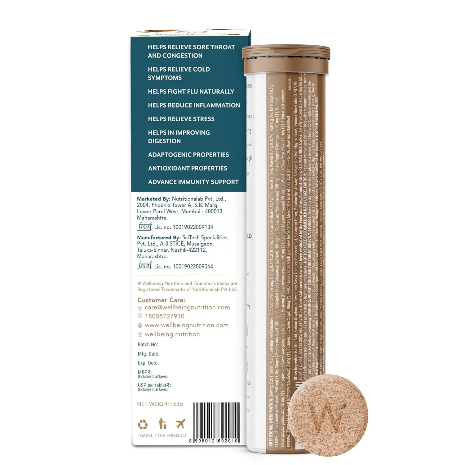 Wellbeing Nutrition Grandma's Kadha is an organic certified Ayurvedic herbal remedy with 13 potent herbs and spices like turmeric, tulsi, and ginger, used for cold, cough, flu, and sore throat relief.
