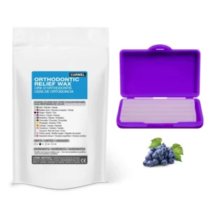 A pack of Carmel grape scented orthodontic wax is shown for relief from braces and other dental appliances.