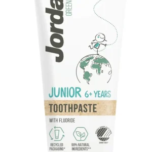Jordan Green Clean Junior toothpaste for children ages 6 and up is vegan, made with 98% natural ingredients, and comes in a recycled plastic tube.