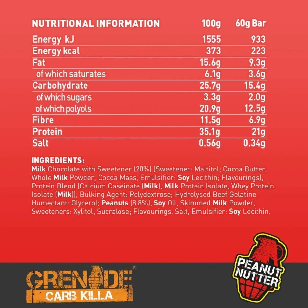 Twelve 60-gram Grenade Carb Killa Peanut Nutter protein bars, a unisex food supplement for active lifestyles.