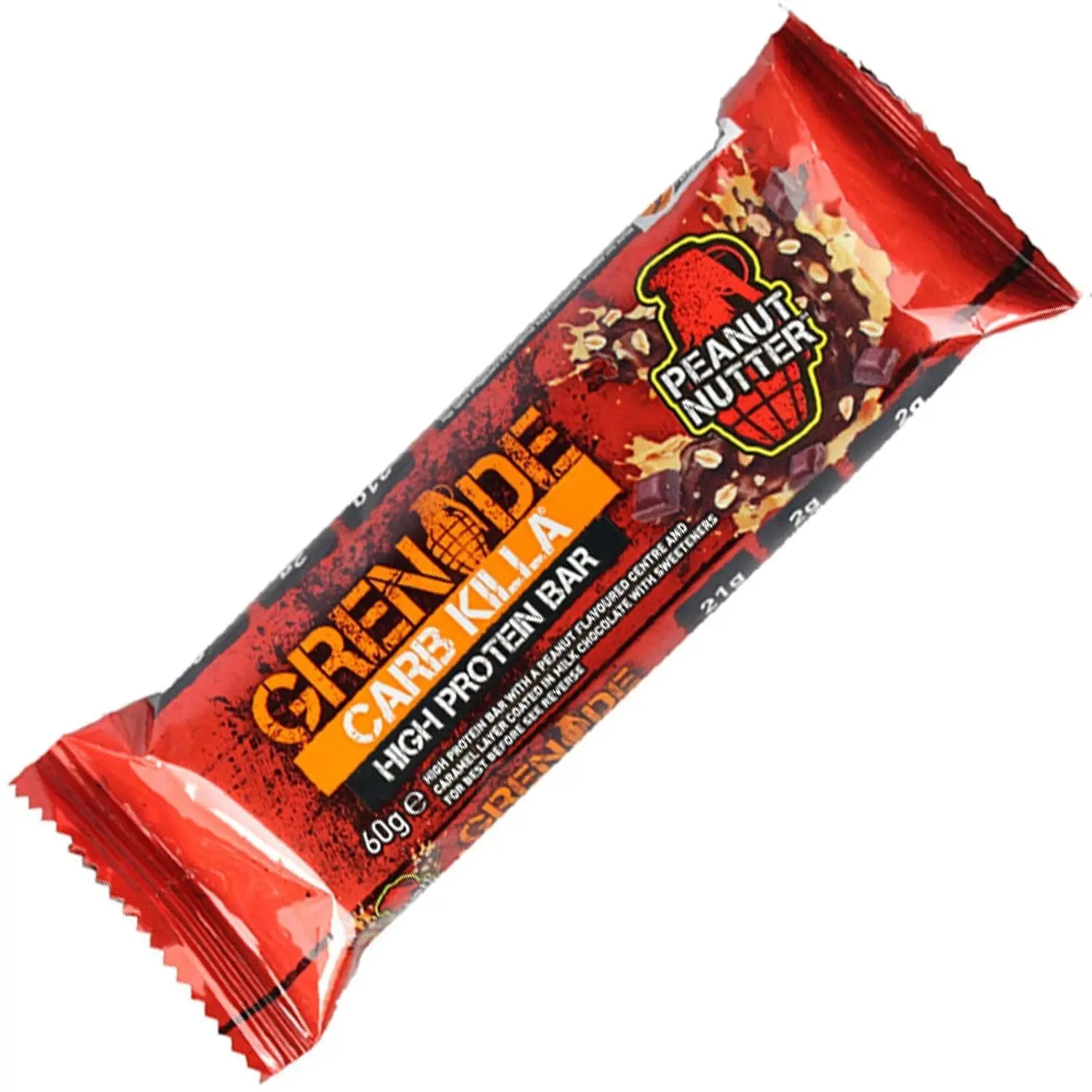 Twelve 60-gram Grenade Carb Killa Peanut Nutter protein bars, a unisex food supplement for active lifestyles.