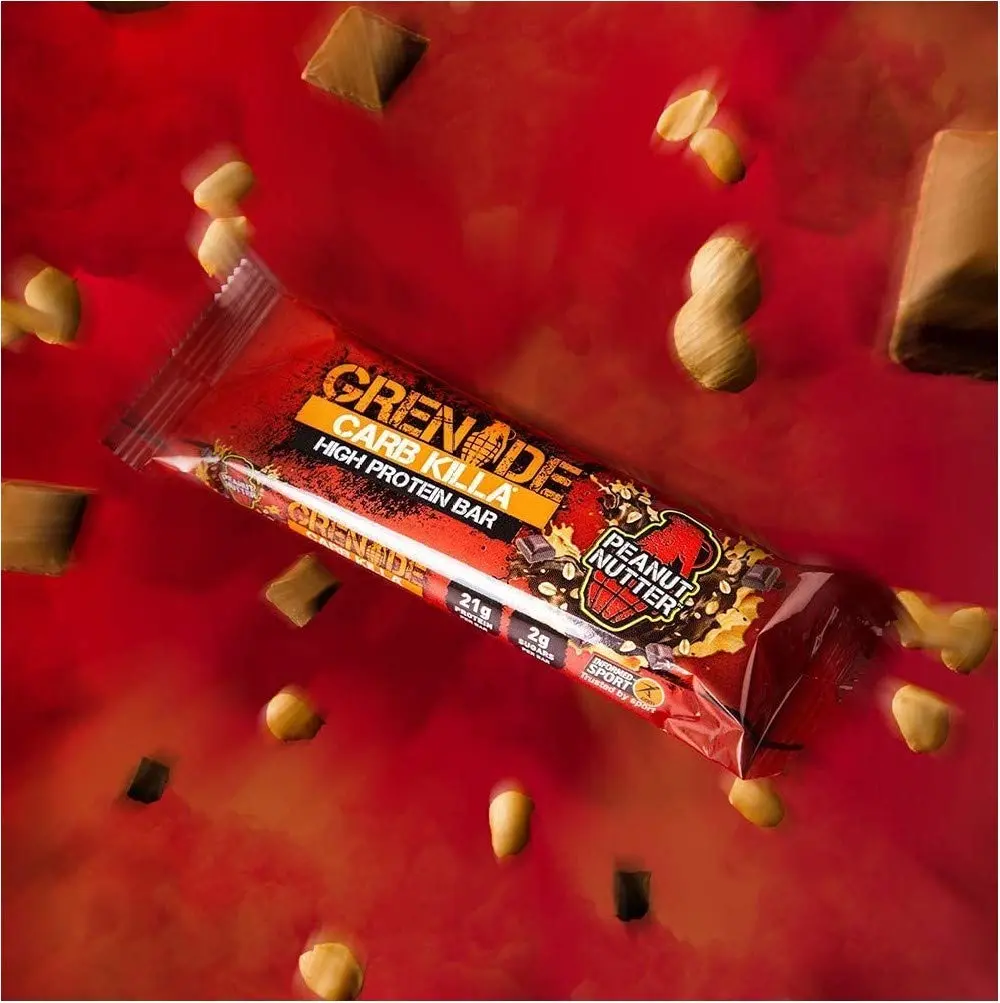 Twelve 60-gram Grenade Carb Killa Peanut Nutter protein bars, a unisex food supplement for active lifestyles.
