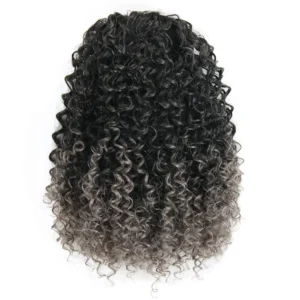 This grey afro puff drawstring ponytail is a short, curly hairpiece designed as an easy-to-apply ponytail extension for African American women looking for a natural, versatile style.