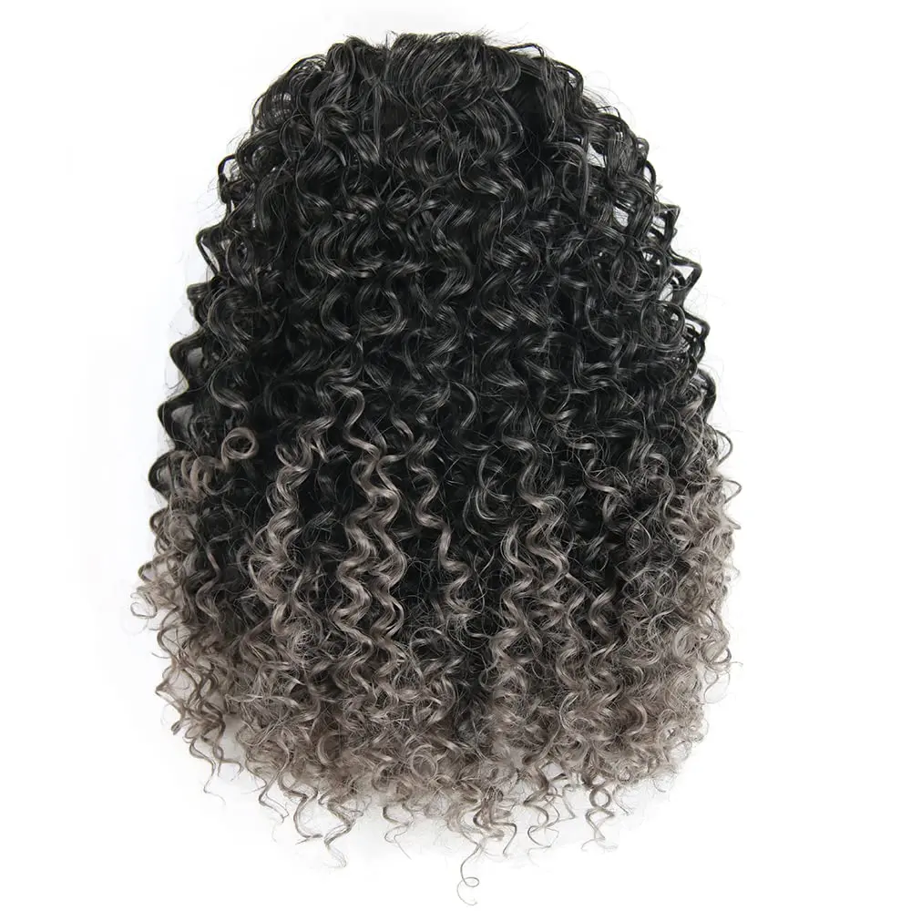 This grey afro puff drawstring ponytail is a short, curly hairpiece designed as an easy-to-apply ponytail extension for African American women looking for a natural, versatile style.