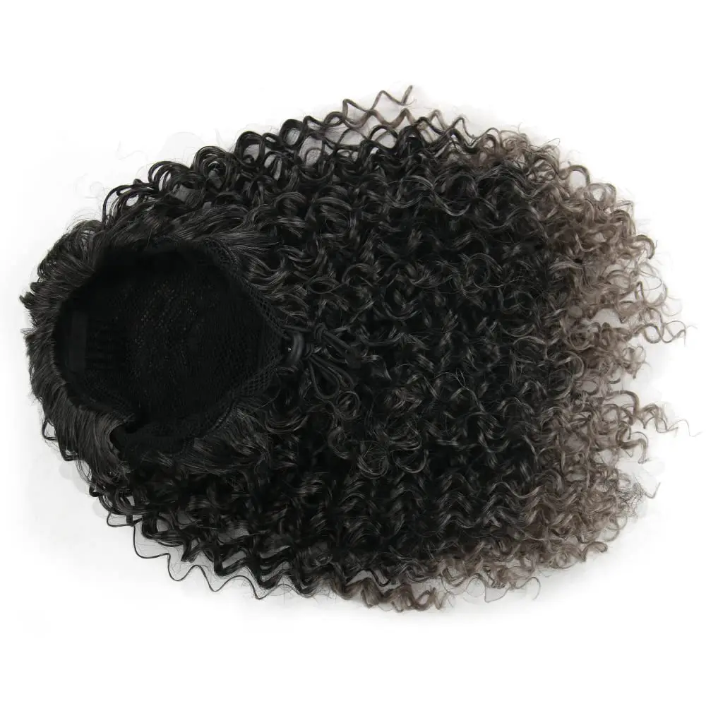 This grey afro puff drawstring ponytail is a short, curly hairpiece designed as an easy-to-apply ponytail extension for African American women looking for a natural, versatile style.