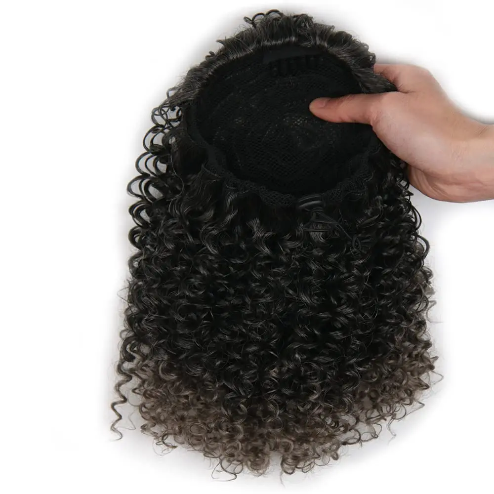 This grey afro puff drawstring ponytail is a short, curly hairpiece designed as an easy-to-apply ponytail extension for African American women looking for a natural, versatile style.