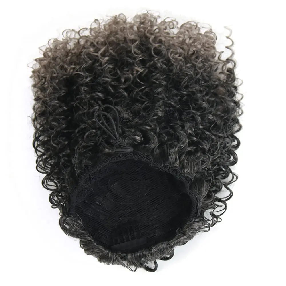 This grey afro puff drawstring ponytail is a short, curly hairpiece designed as an easy-to-apply ponytail extension for African American women looking for a natural, versatile style.