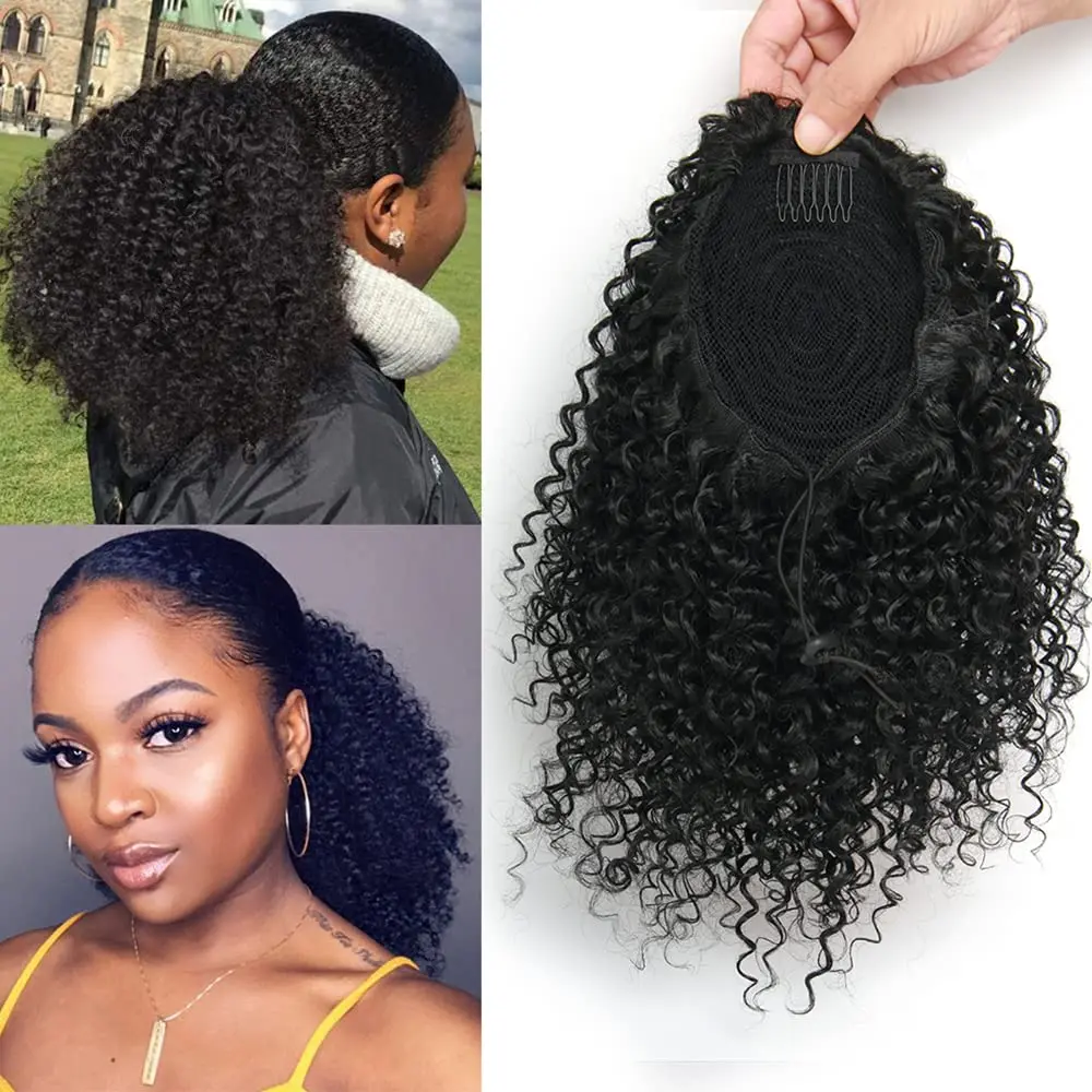This grey afro puff drawstring ponytail is a short, curly hairpiece designed as an easy-to-apply ponytail extension for African American women looking for a natural, versatile style.
